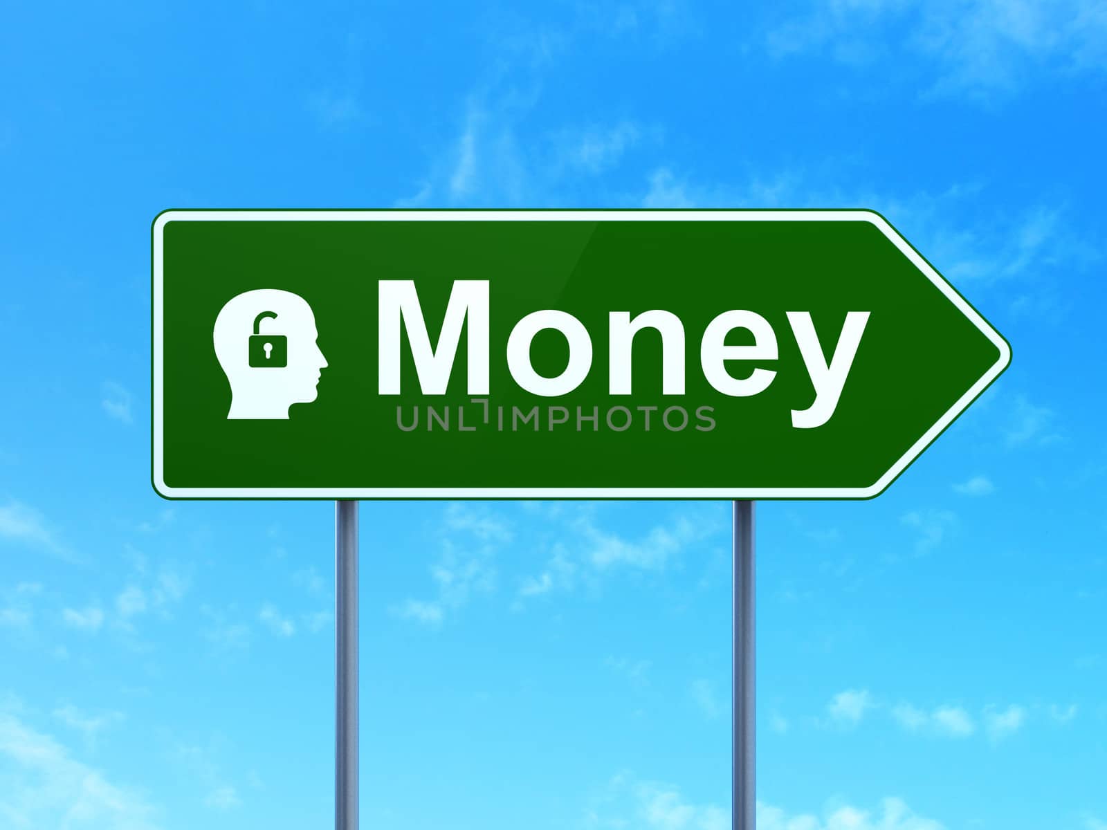 Finance concept: Money and Head With Padlock icon on green road (highway) sign, clear blue sky background, 3d render