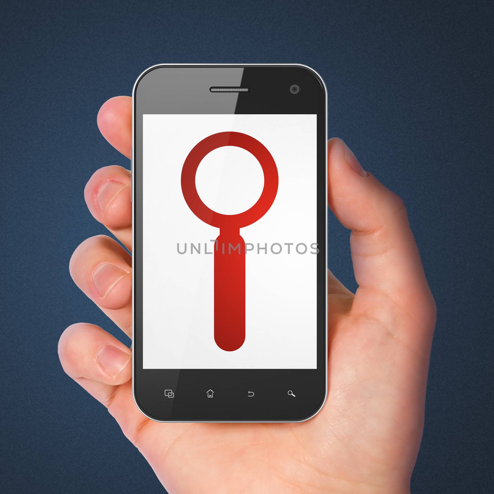 Information concept: hand holding smartphone with Search on display. Mobile smart phone on Blue background, 3d render
