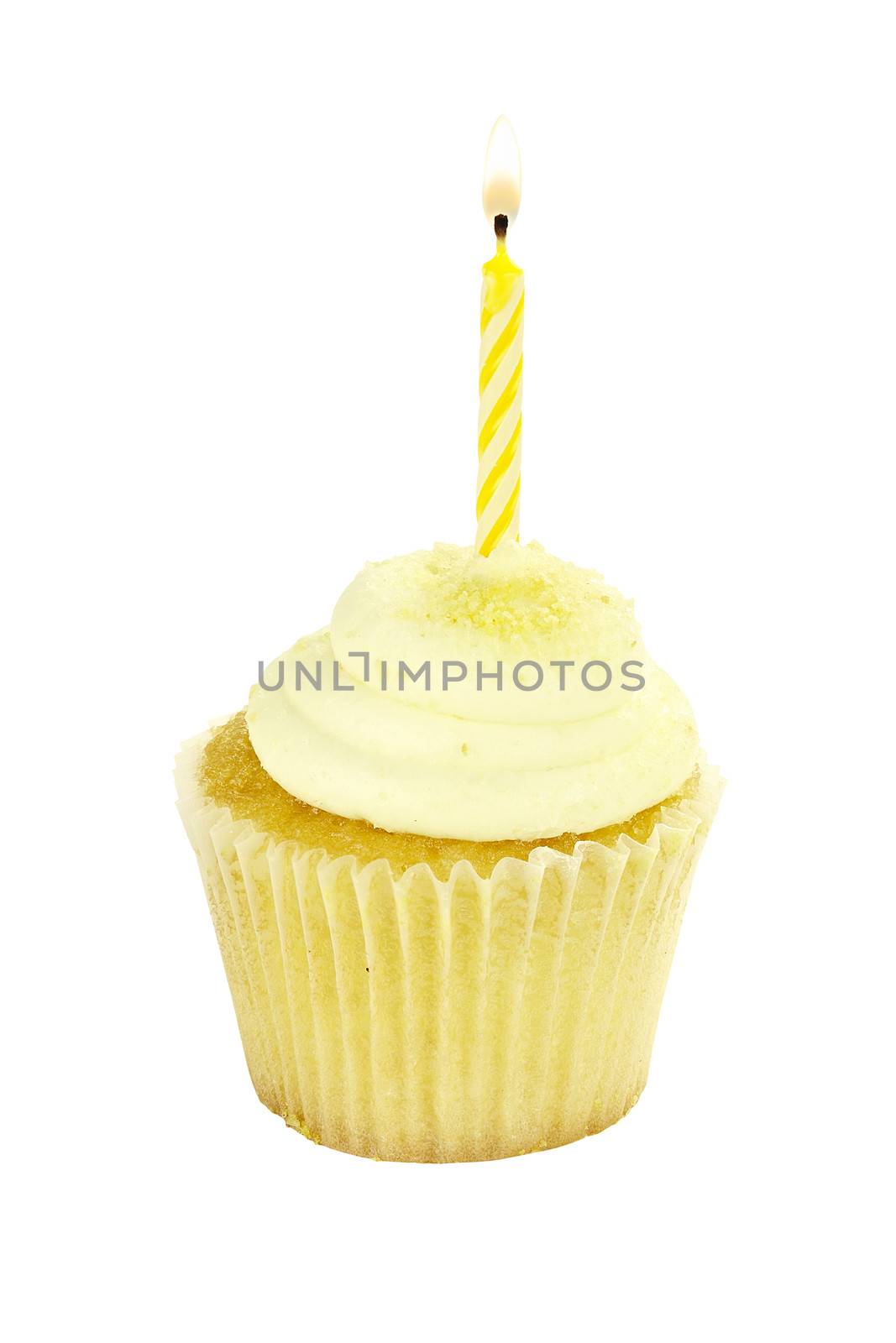 Isolated birthday cupcake with burning candles. Clipping path included.