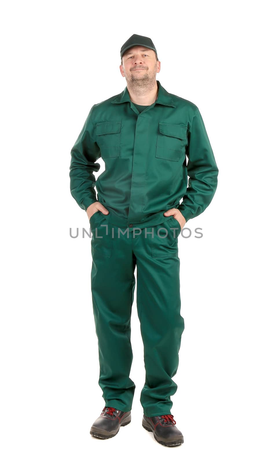 Man in green overalls isolated on a white background