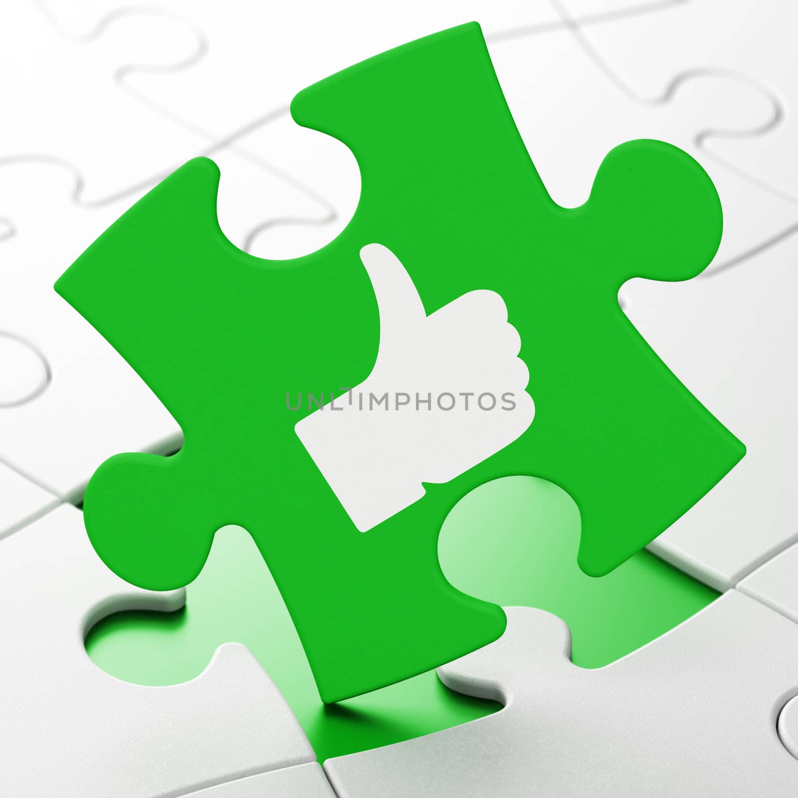 Social network concept: Thumb Up on Green puzzle pieces background, 3d render