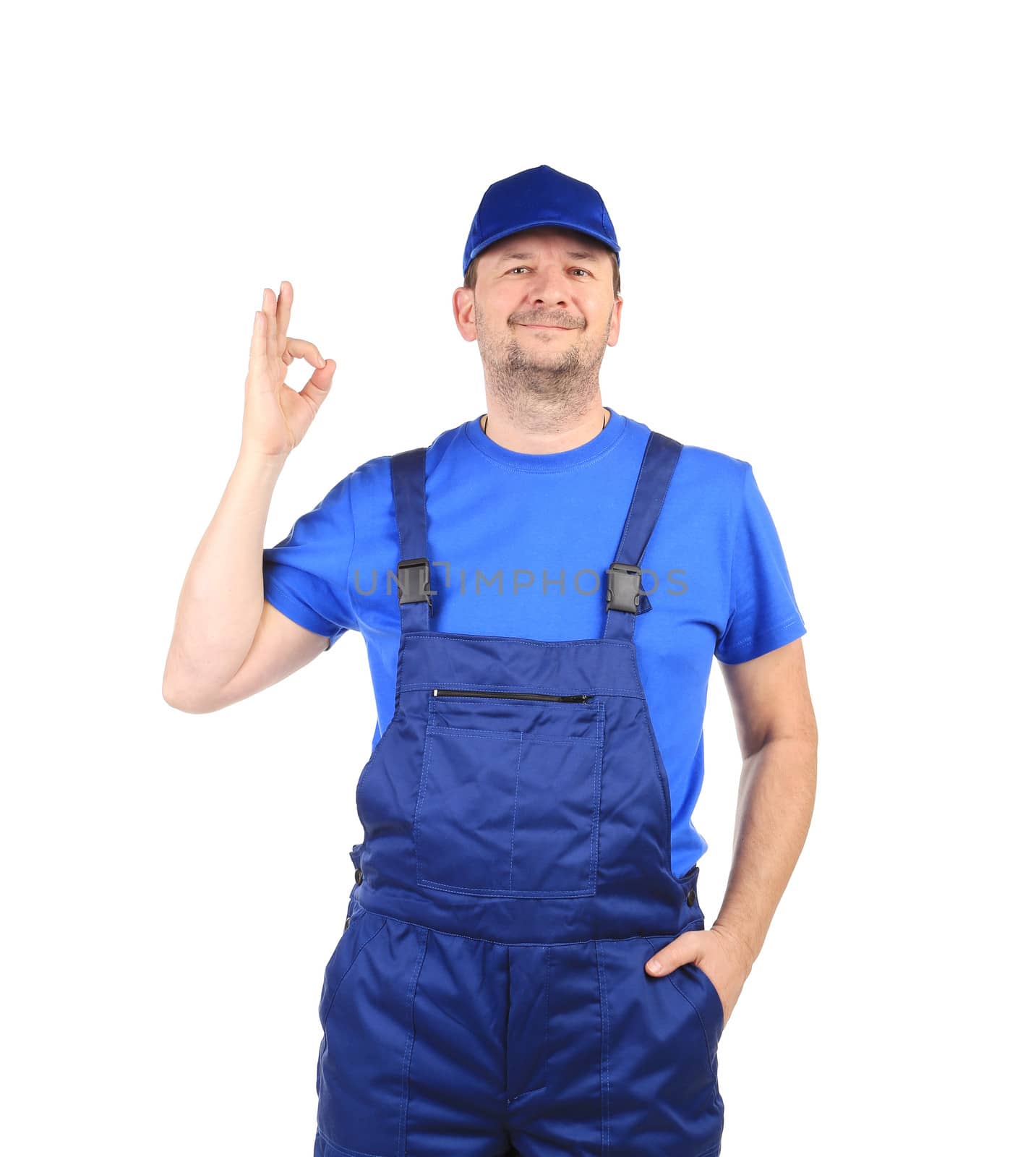 Man in blue overalls on a white background