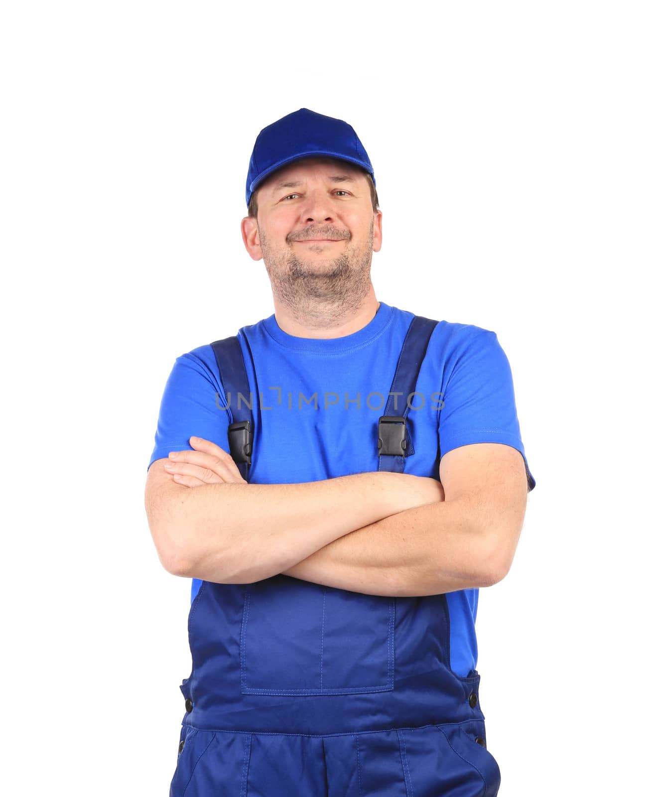 Man in blue overalls on a white background