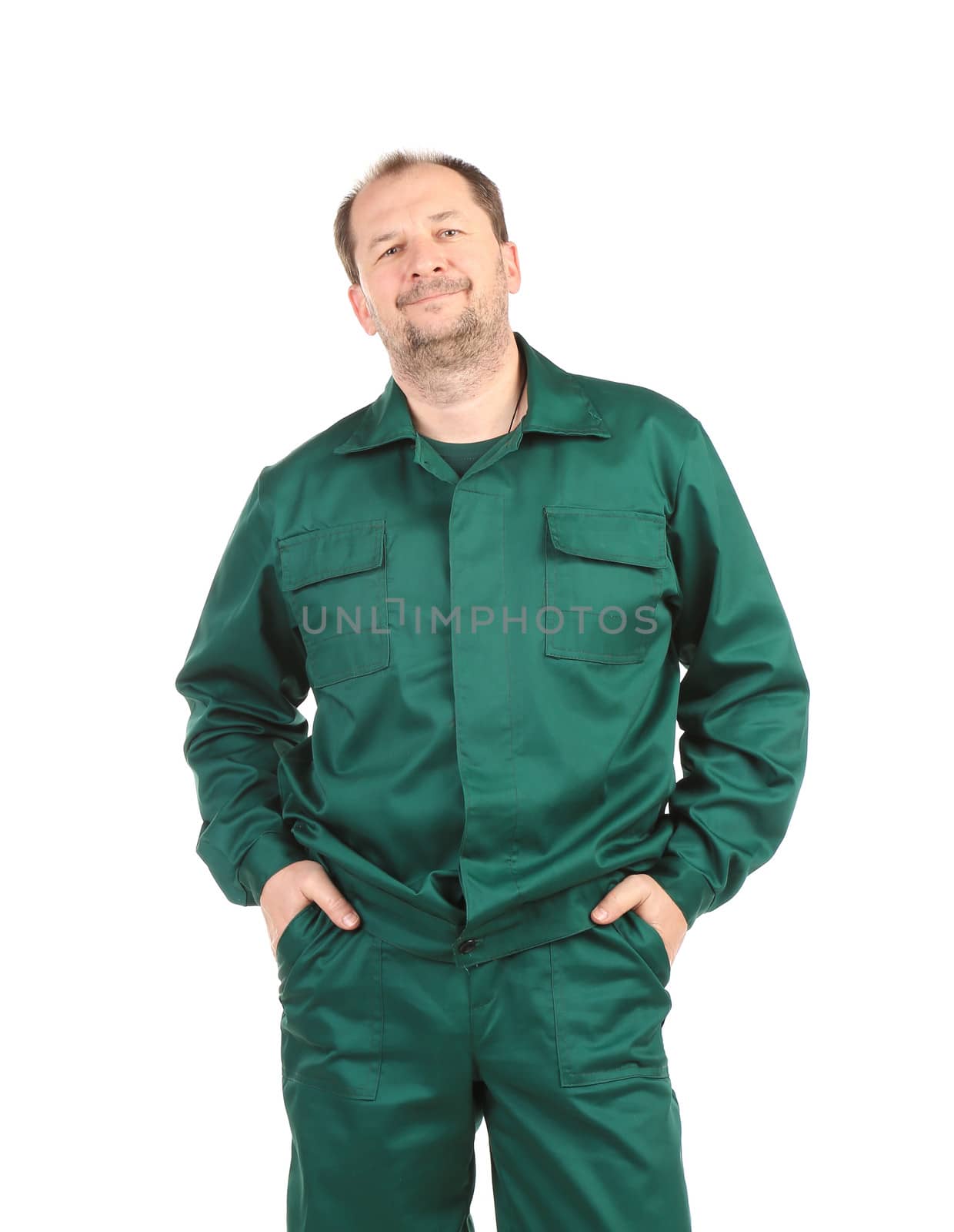 Man in green overalls on a white background