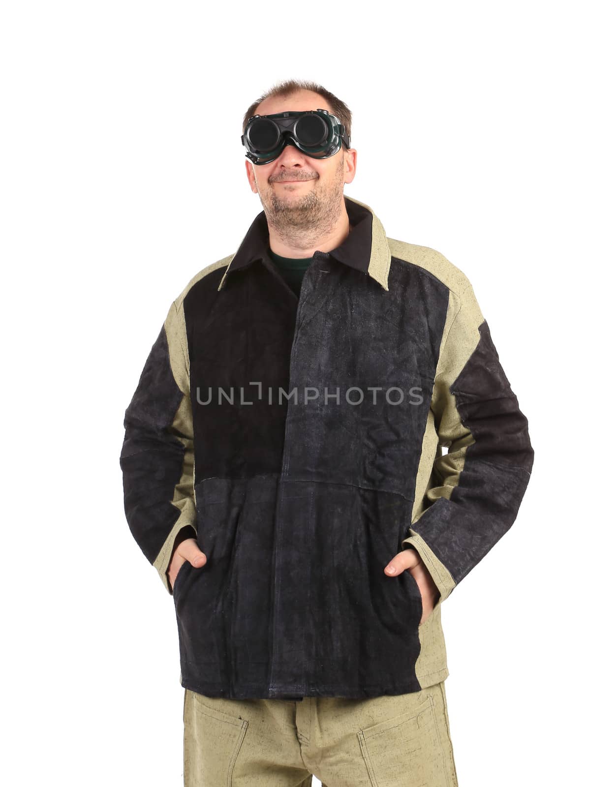 Welder in glasses.  Isolated on a white background.