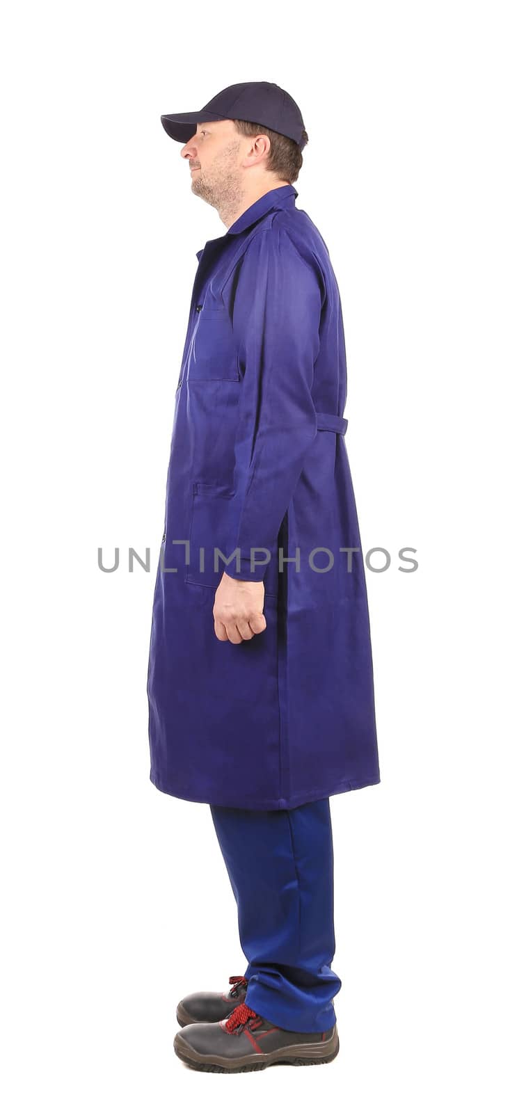 Worker wearing long robe. Isolated on a white background.