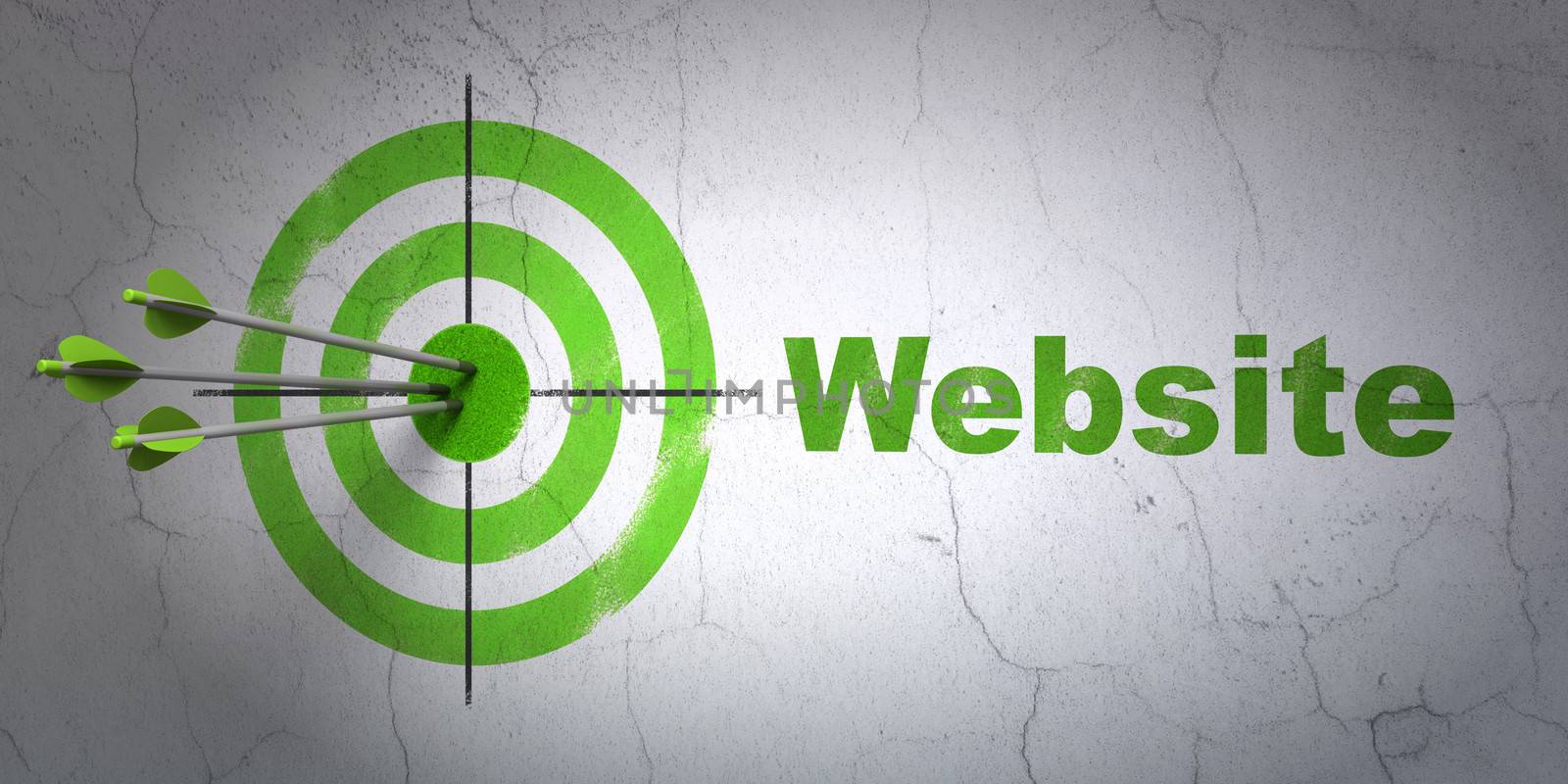 Success web design concept: arrows hitting the center of target, Green Website on wall background, 3d render