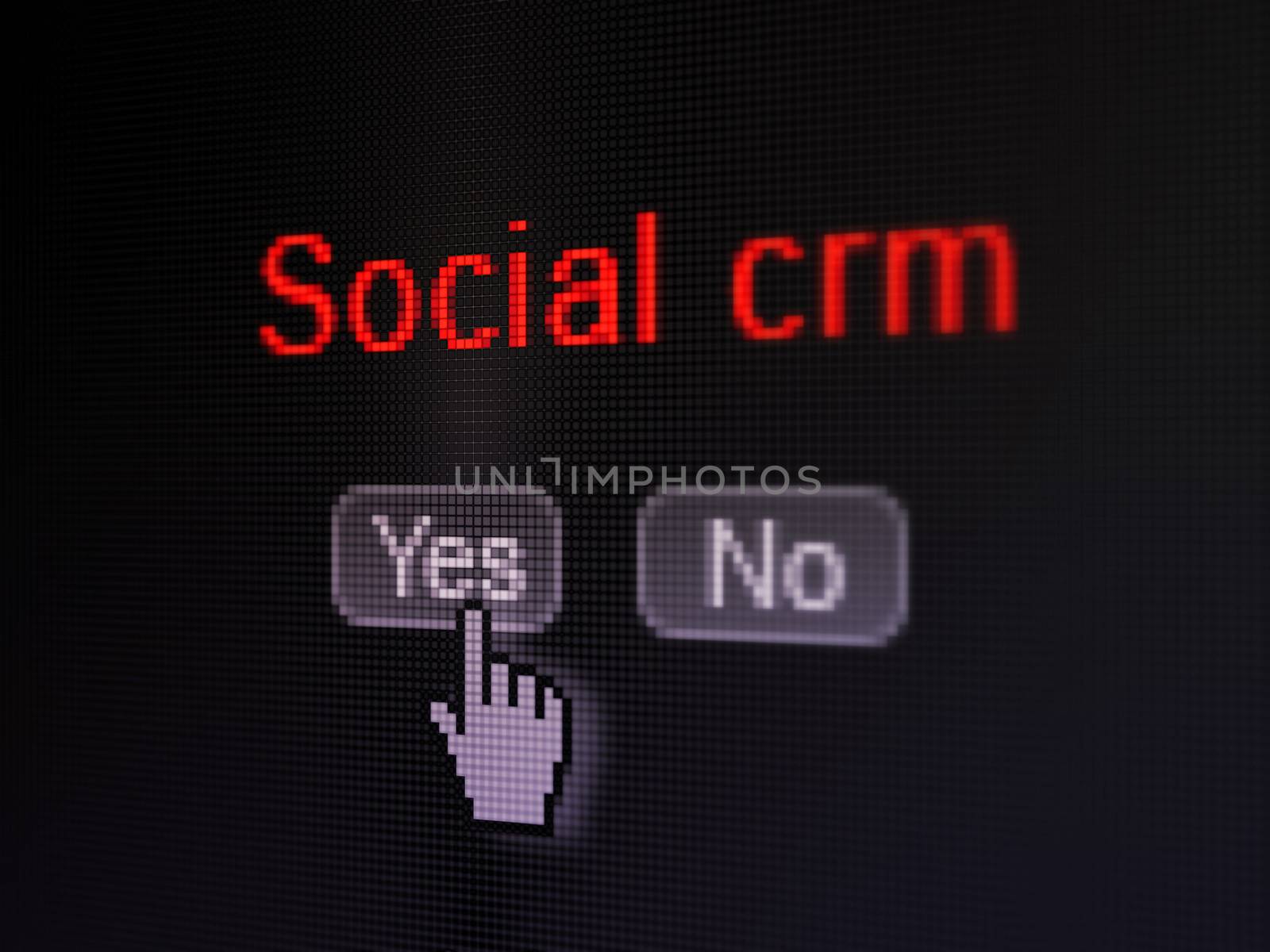 Finance concept: buttons yes and no with pixelated word Social CRM and Hand cursor on digital computer screen, selected focus 3d render