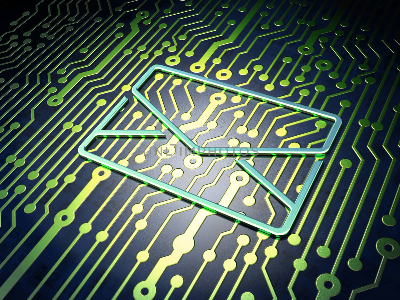 Finance concept: circuit board with Email icon, 3d render