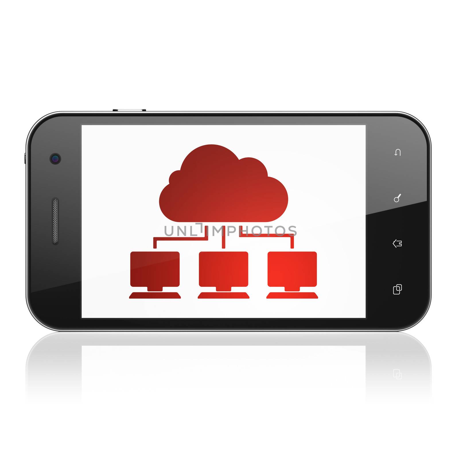 Cloud networking concept: smartphone with Cloud Network icon on display. Mobile smart phone on White background, cell phone 3d render