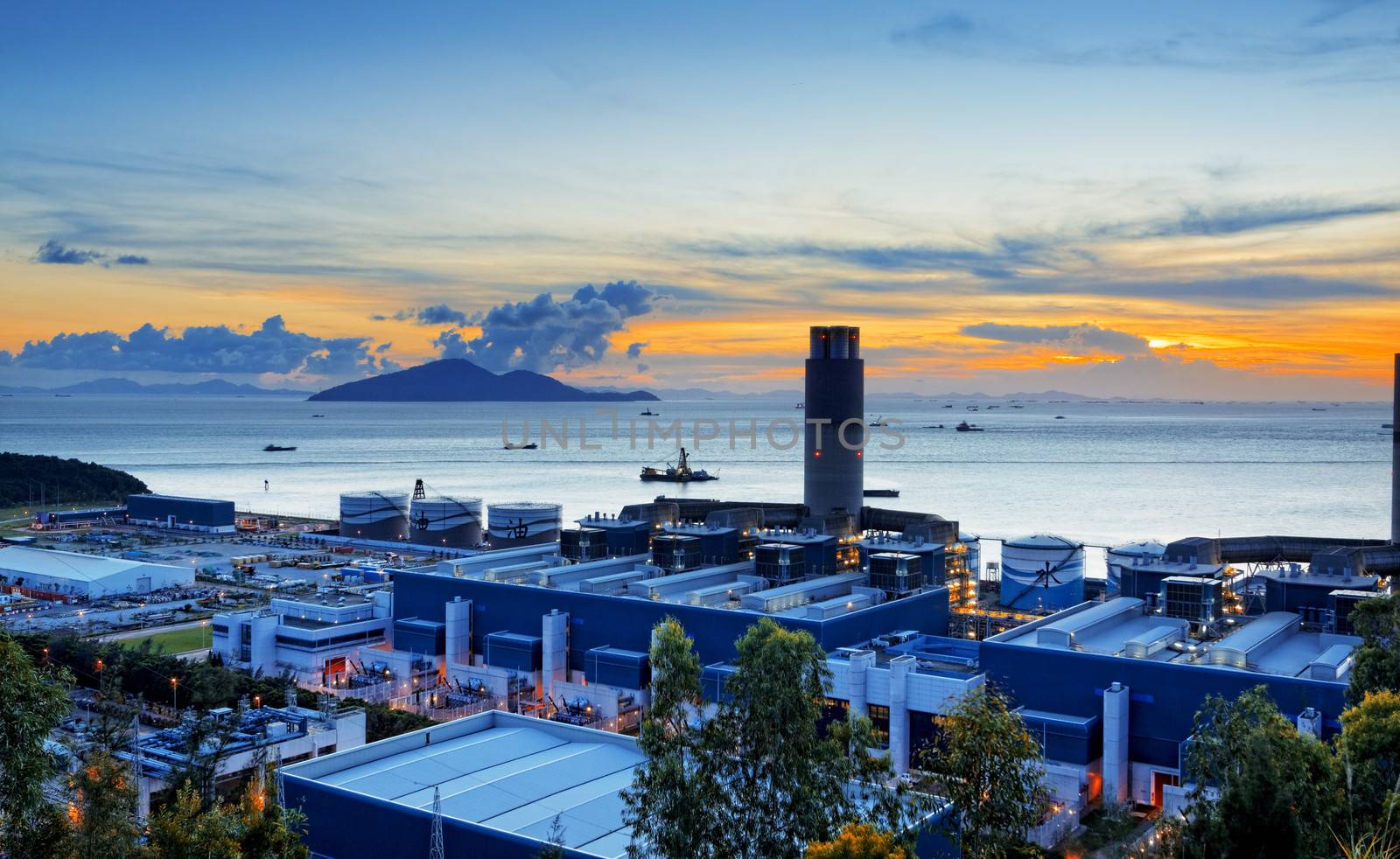 power station at sunset