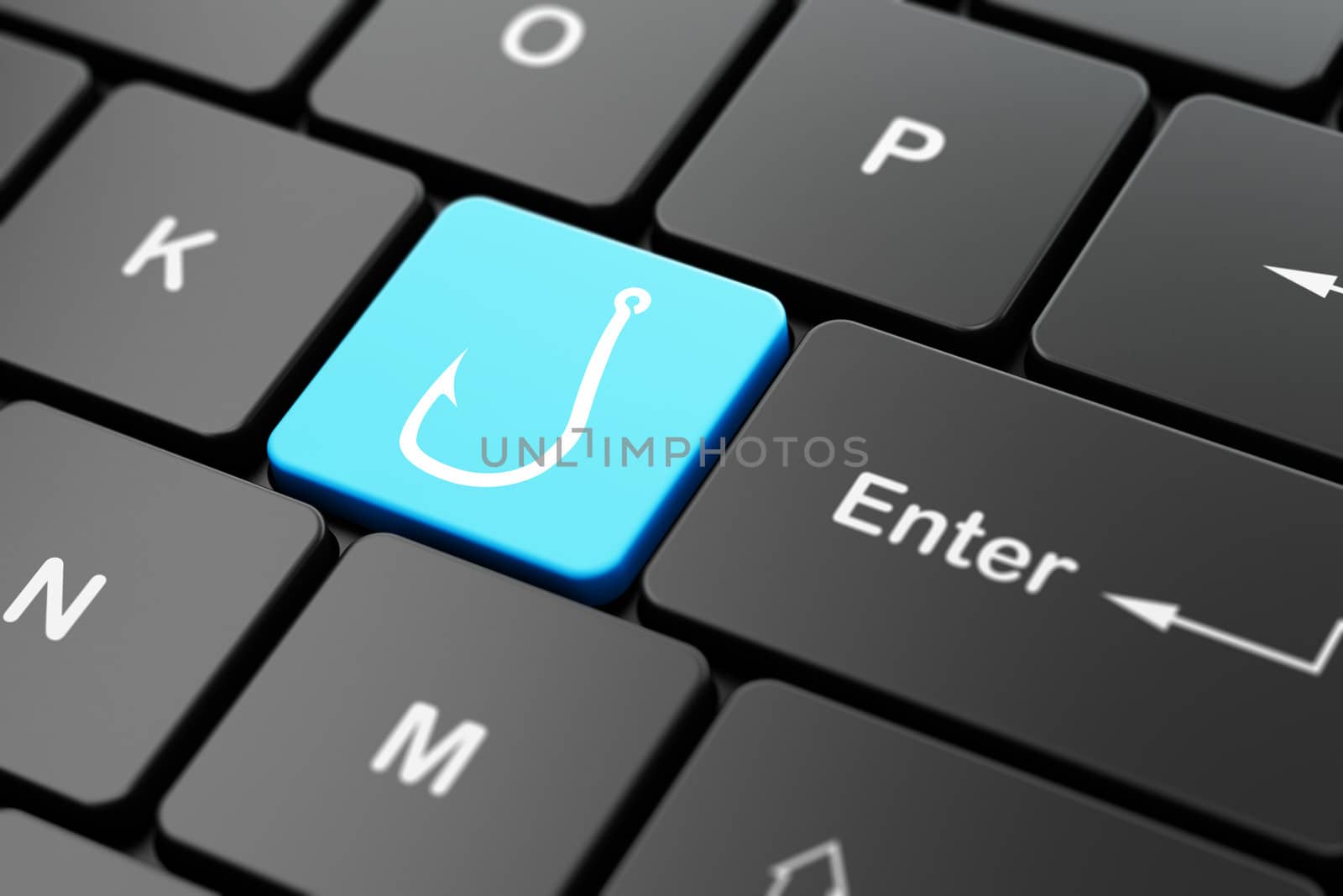 Protection concept: computer keyboard with Fishing Hook icon on enter button background, 3d render