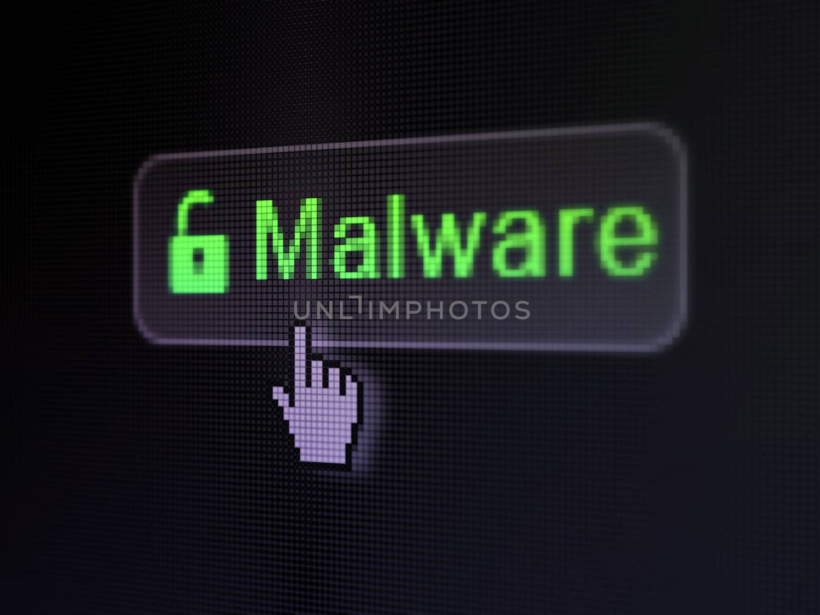 Protection concept: pixelated words Malware and Opened Padlock icon on button withHand cursor on digital computer screen background, selected focus 3d render