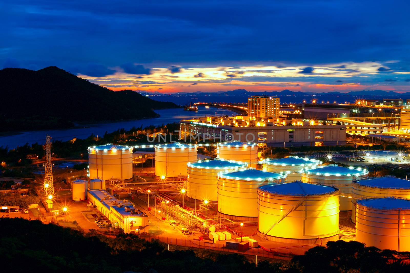 Oil tanks at night , hongkong tung chung