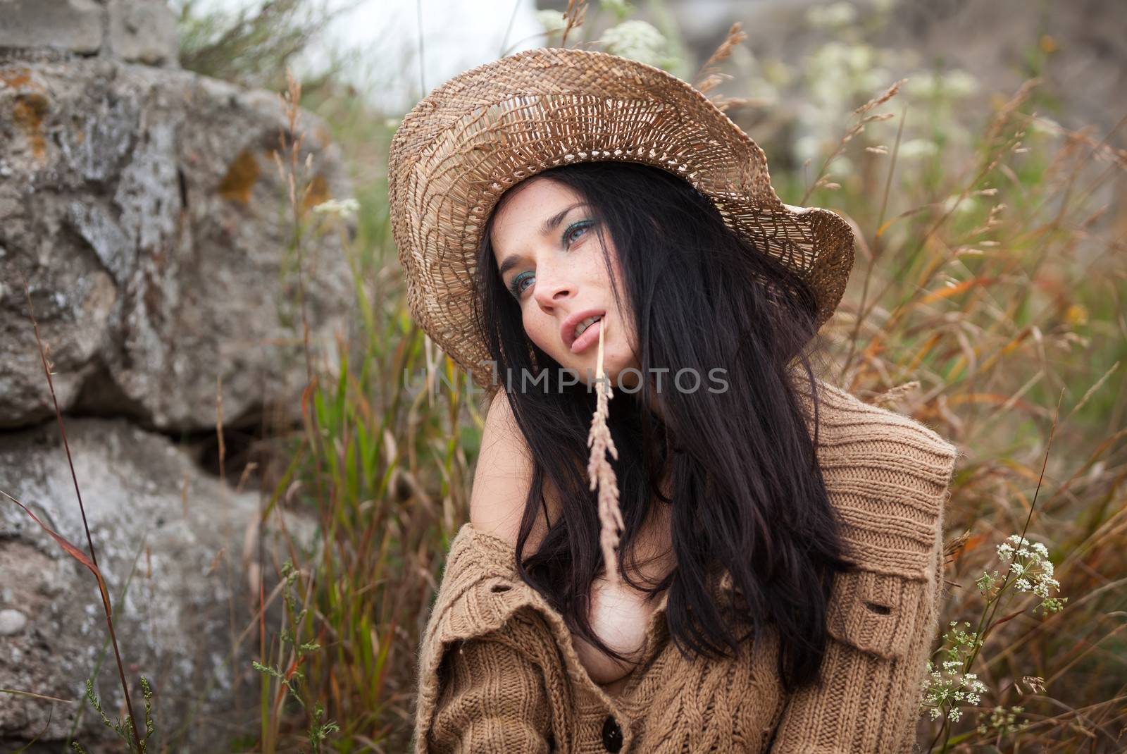  girl against background of nature and old stones by palinchak