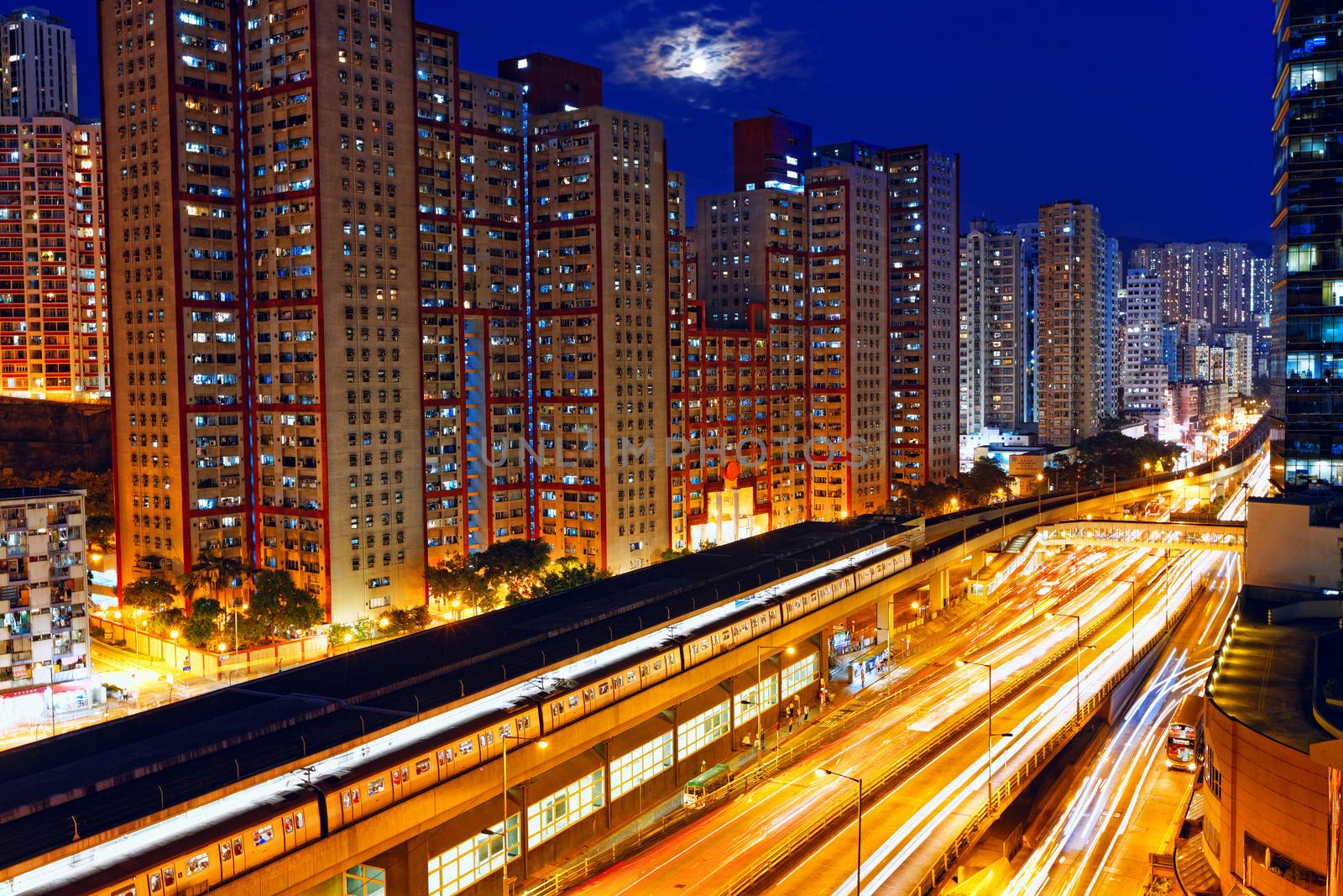 busy highway train traffic night in finance urban 