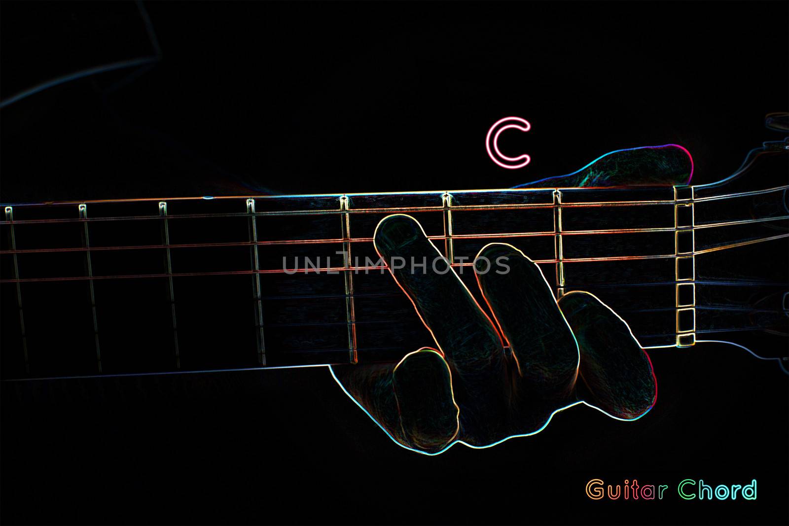 Guitar chord on a dark background, stylized illustration of an X-ray.