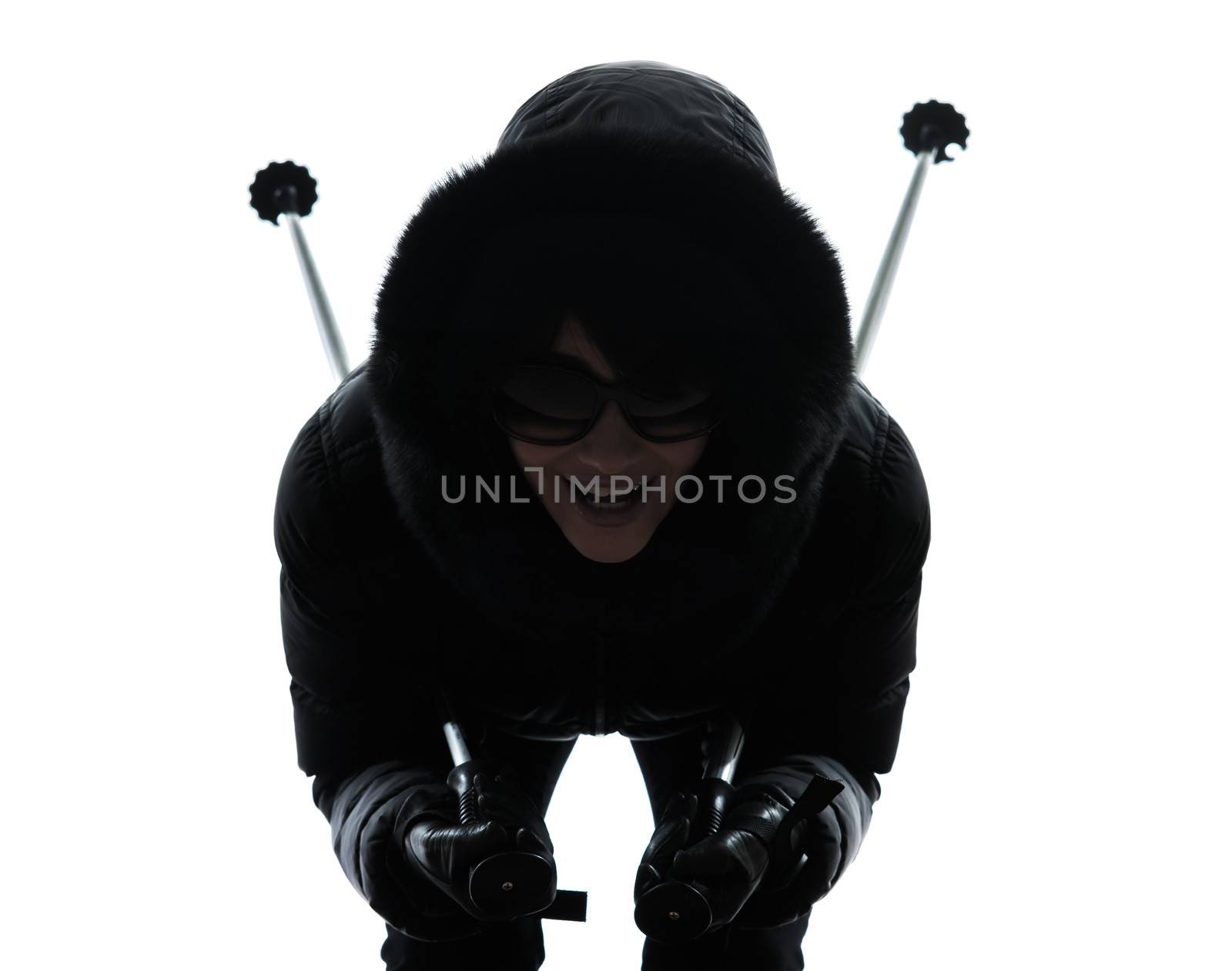 one woman in winter coat  happy skiing portrait silhouette on white background