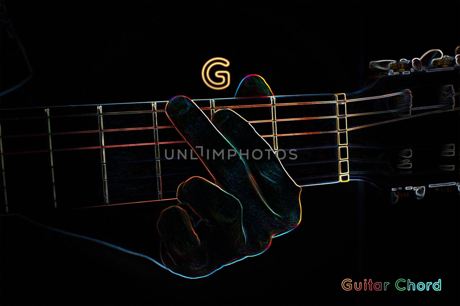 Guitar chord on a dark background, stylized illustration of an X-ray.