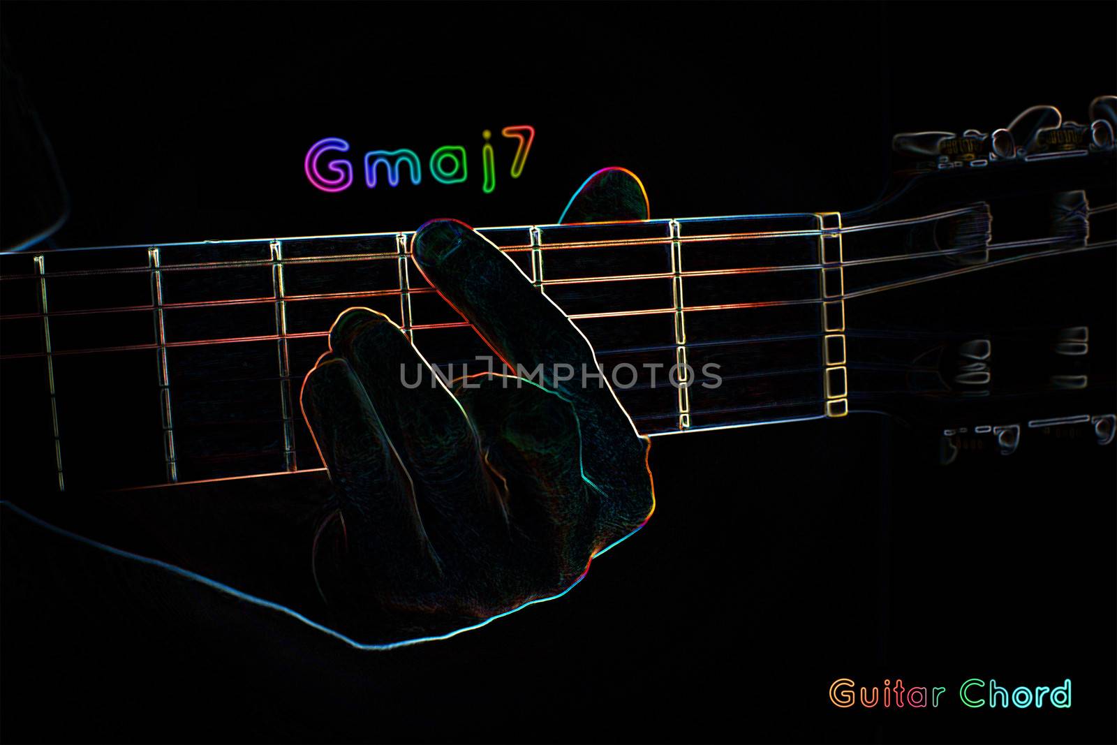 Guitar chord on a dark background, stylized illustration of an X-ray.