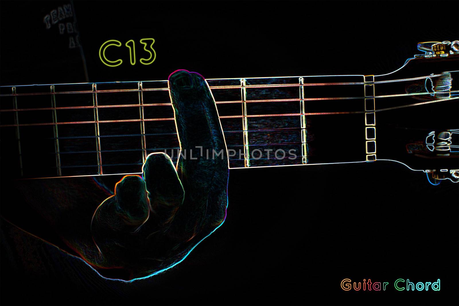 Guitar chord on a dark background, stylized illustration of an X-ray.