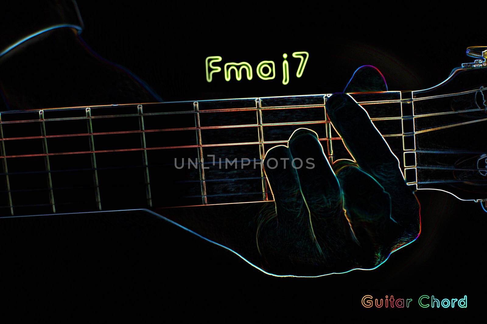 Guitar chord on a dark background, stylized illustration of an X-ray.