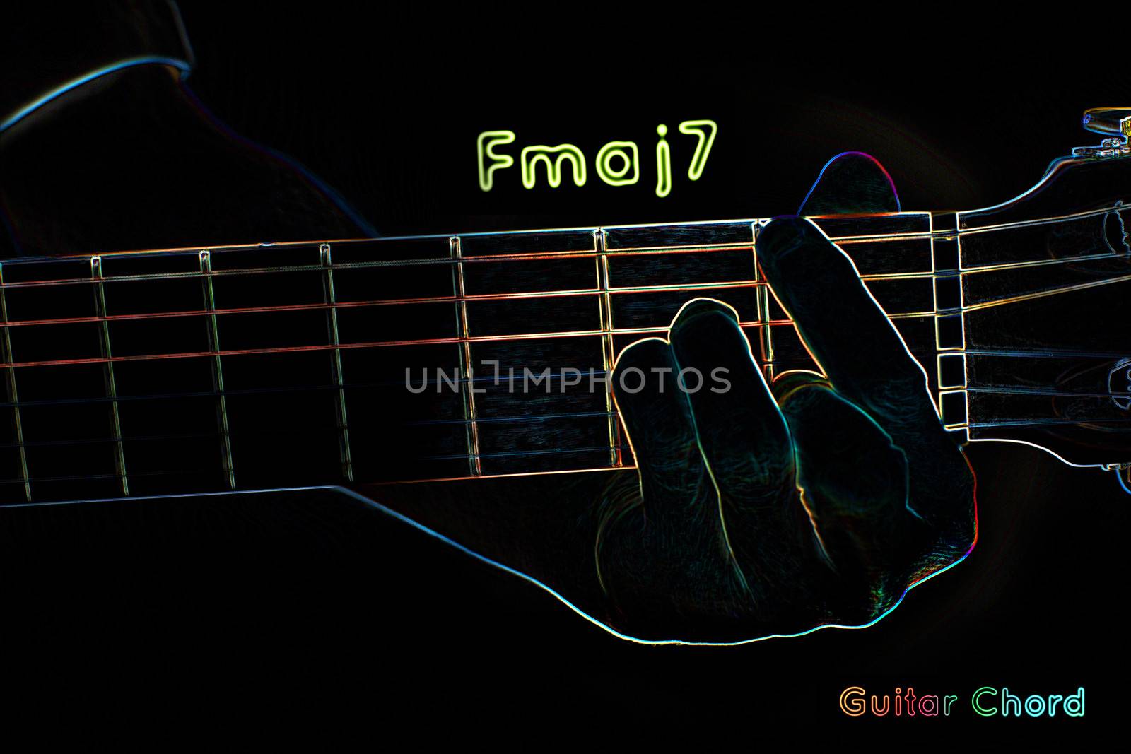 Guitar chord on a dark background, stylized illustration of an X-ray.