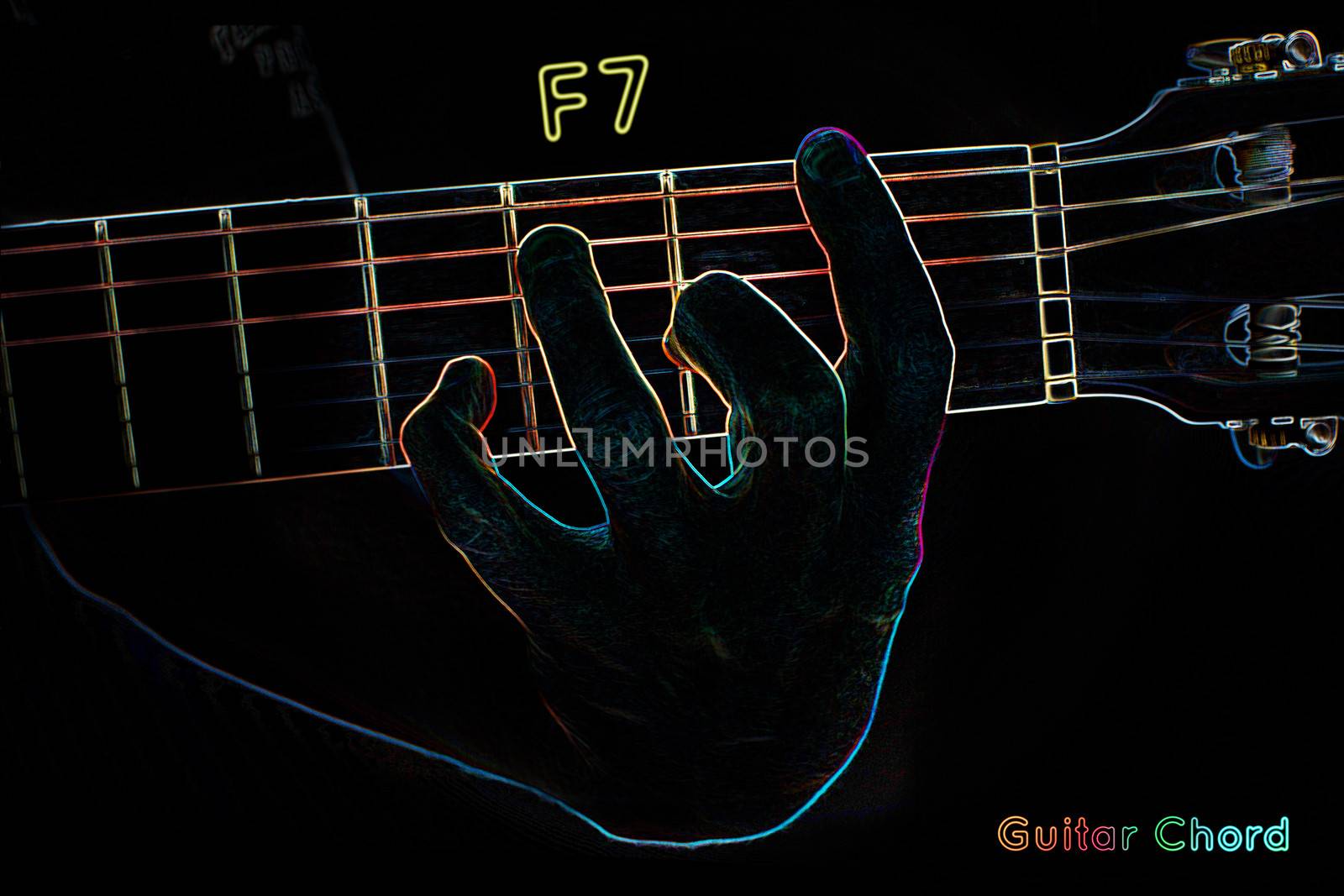 Guitar chord on a dark background, stylized illustration of an X-ray.