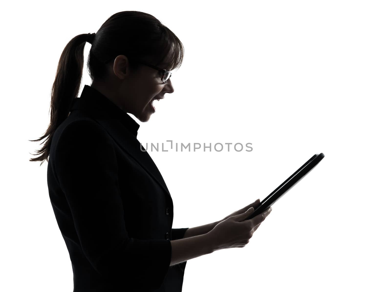 one business woman computer computing surprised digital tablet silhouette studio isolated on white background