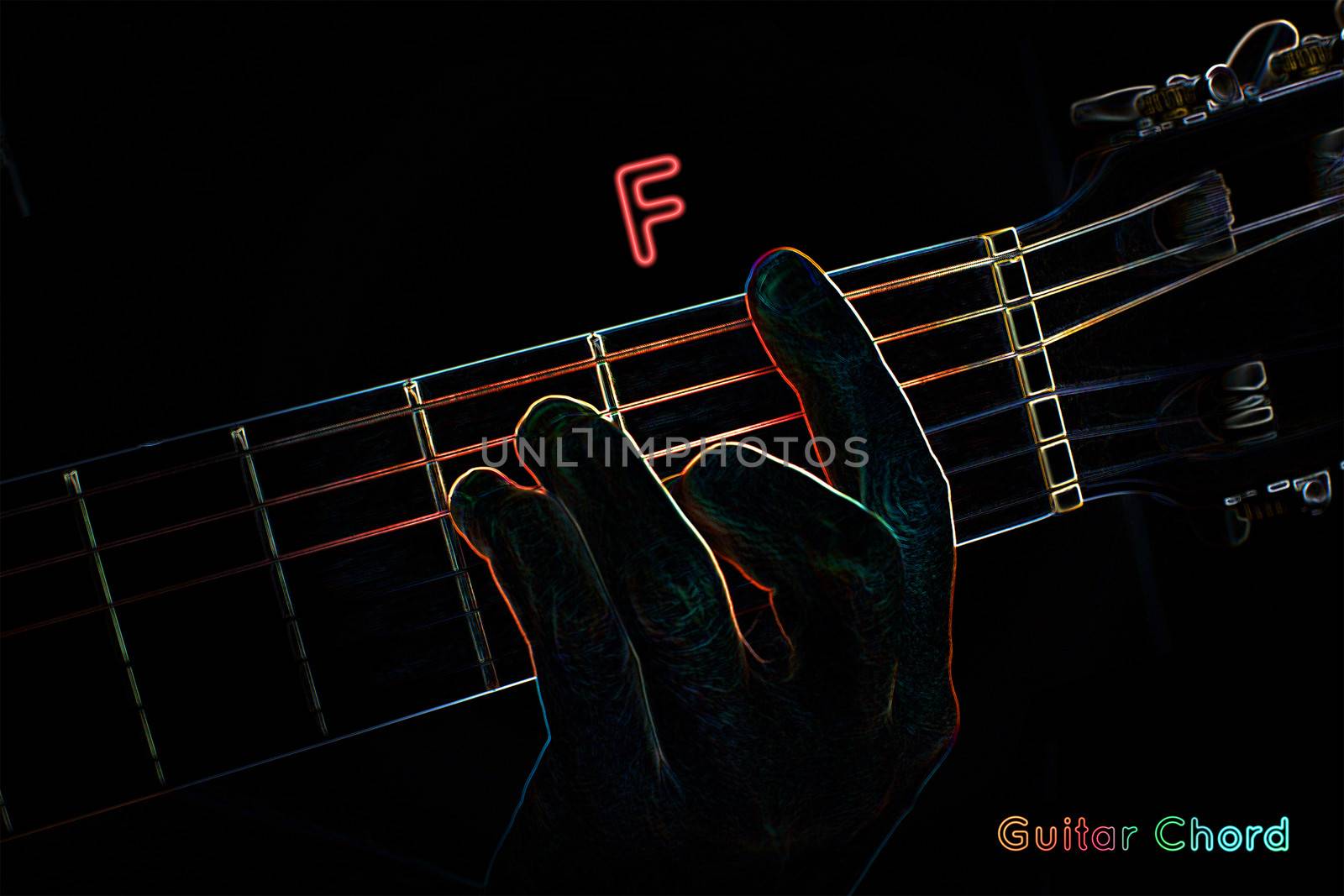 Guitar chord on a dark background, stylized illustration of an X-ray.