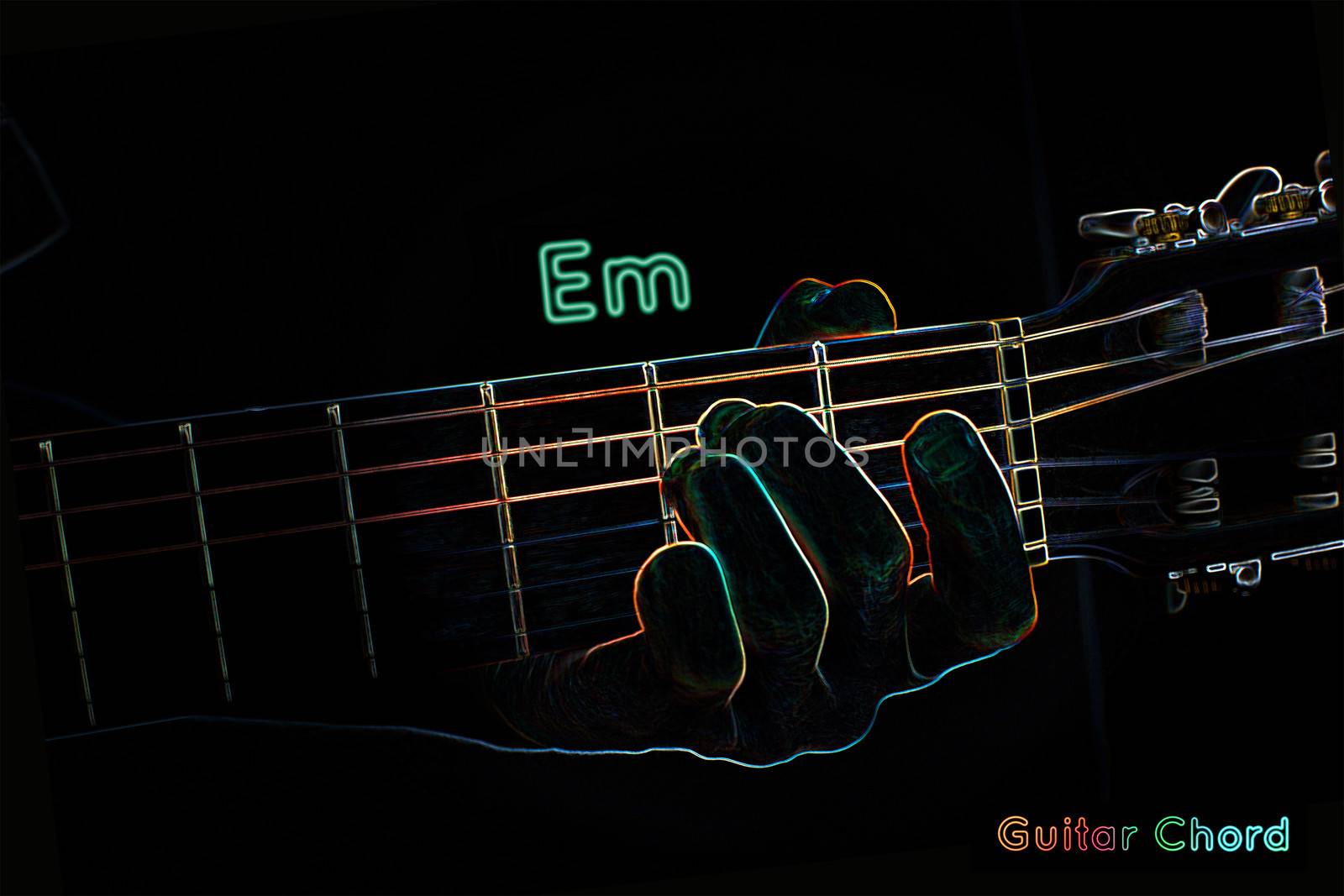 Guitar chord on a dark background, stylized illustration of an X-ray.