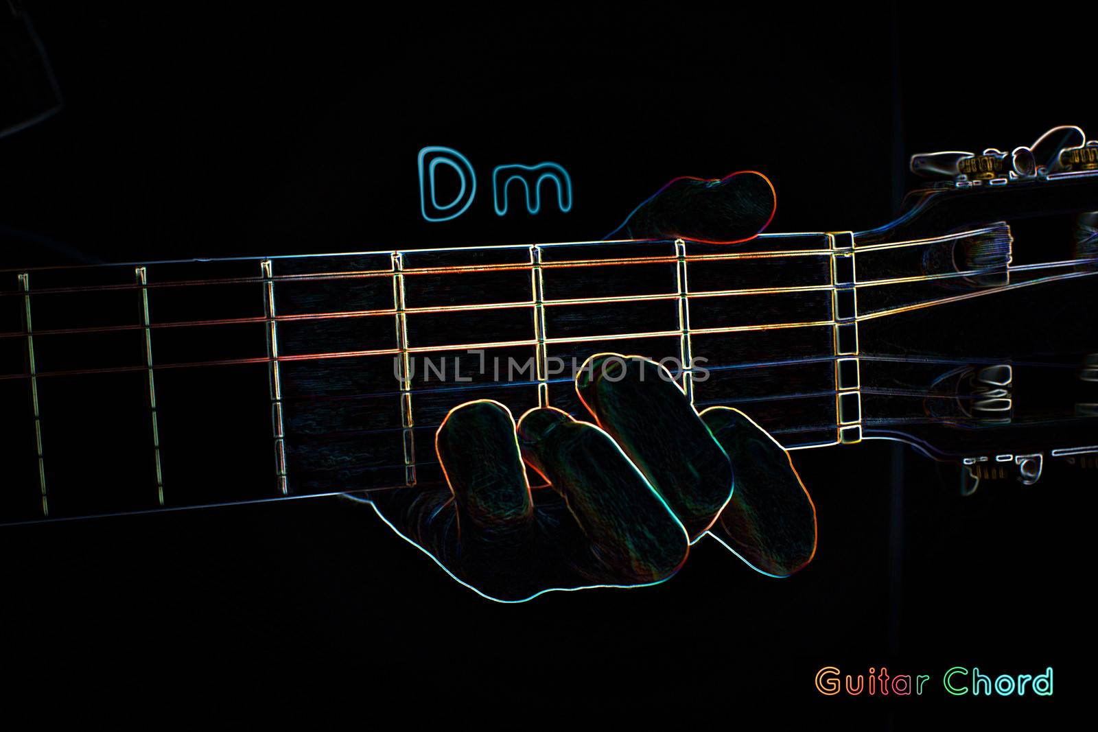 Guitar chord on a dark background, stylized illustration of an X-ray.