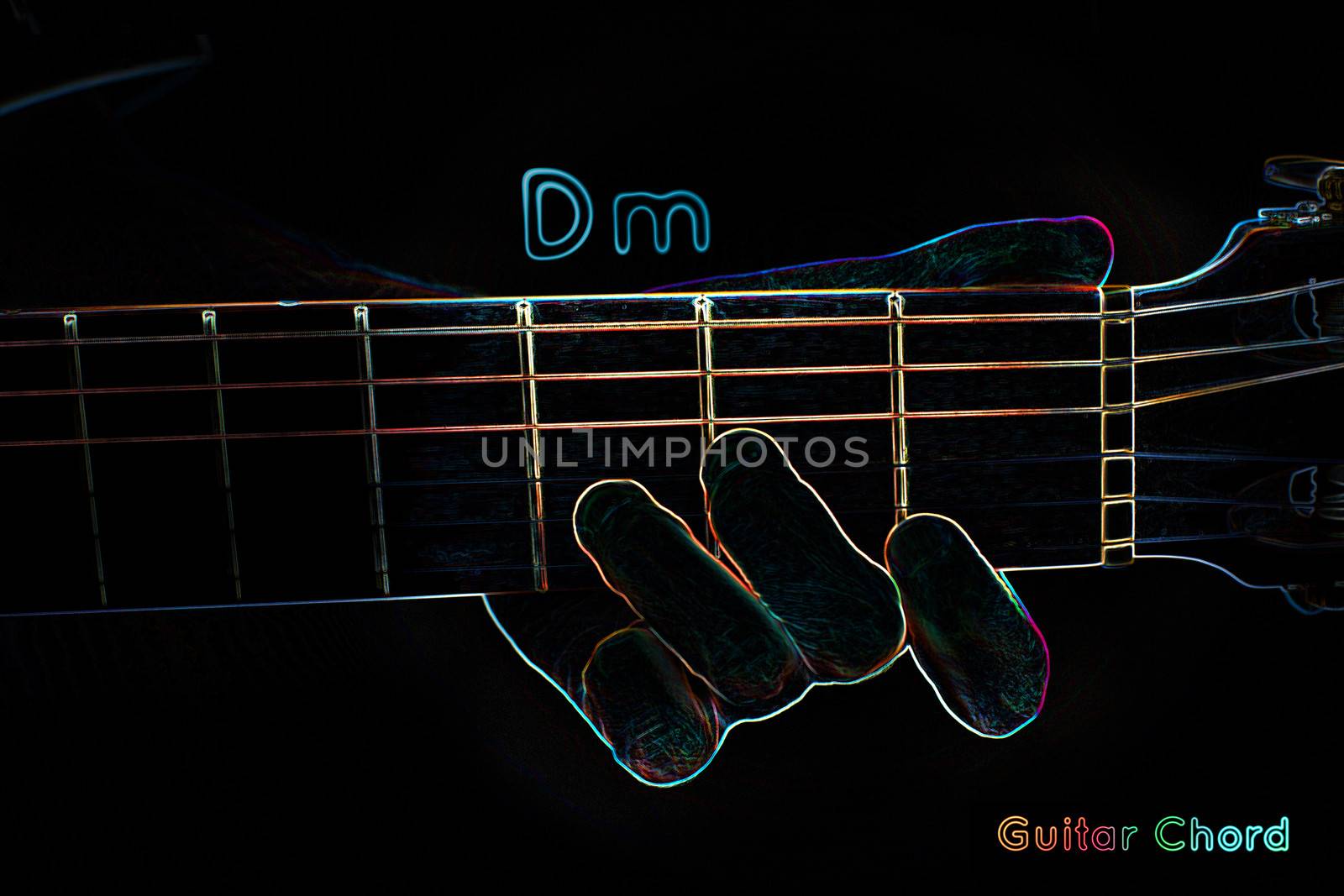 Guitar chord on a dark background, stylized illustration of an X-ray.