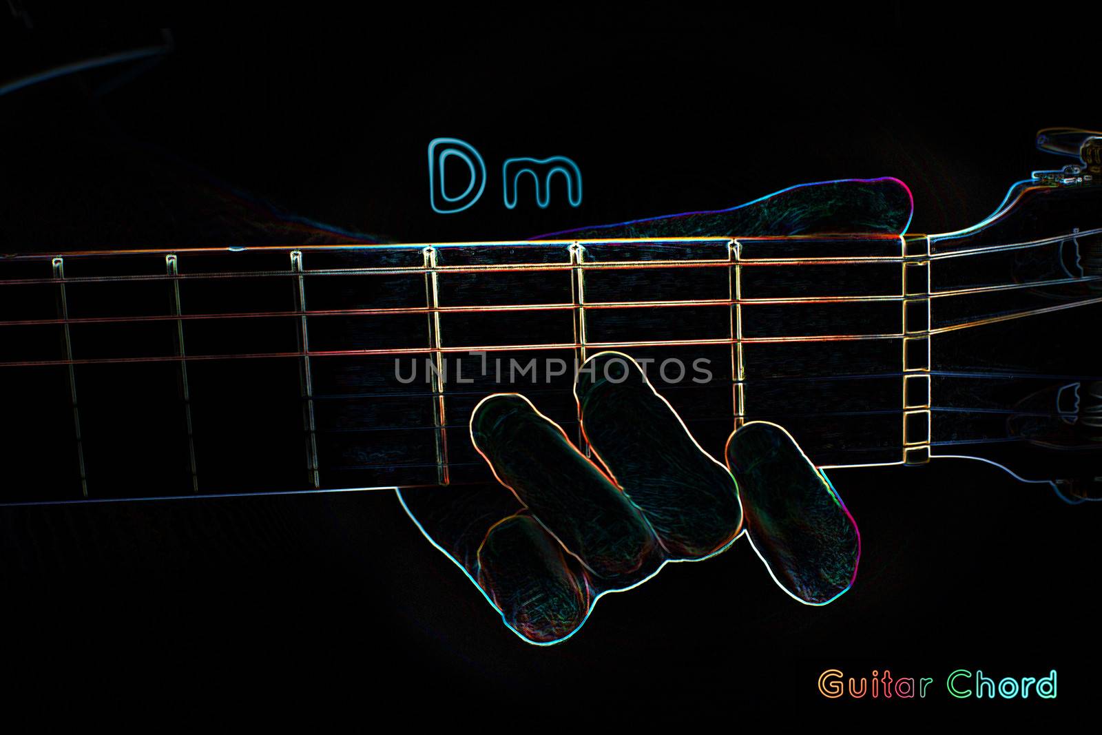 Guitar chord on a dark background, stylized illustration of an X-ray.