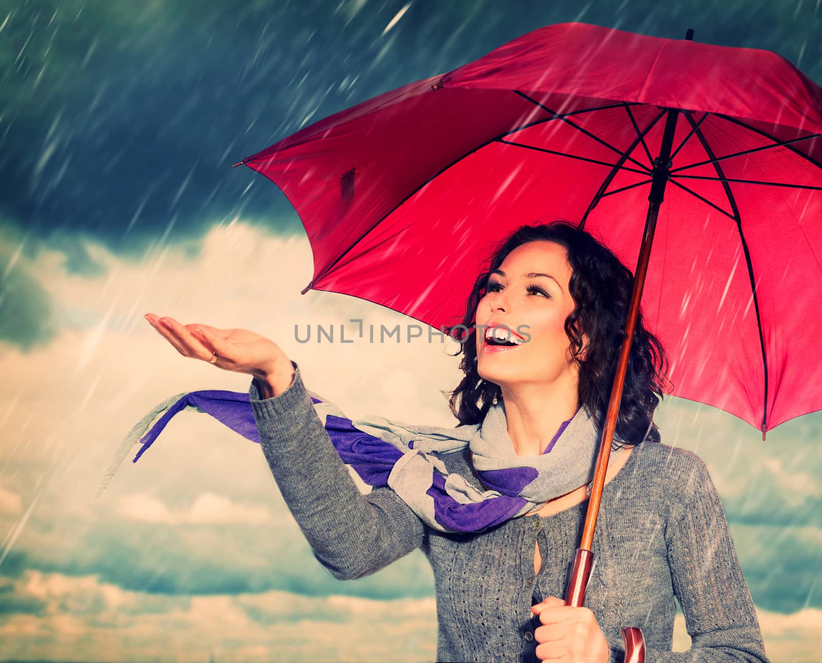 Smiling Woman with Umbrella over Autumn Rain Background by SubbotinaA