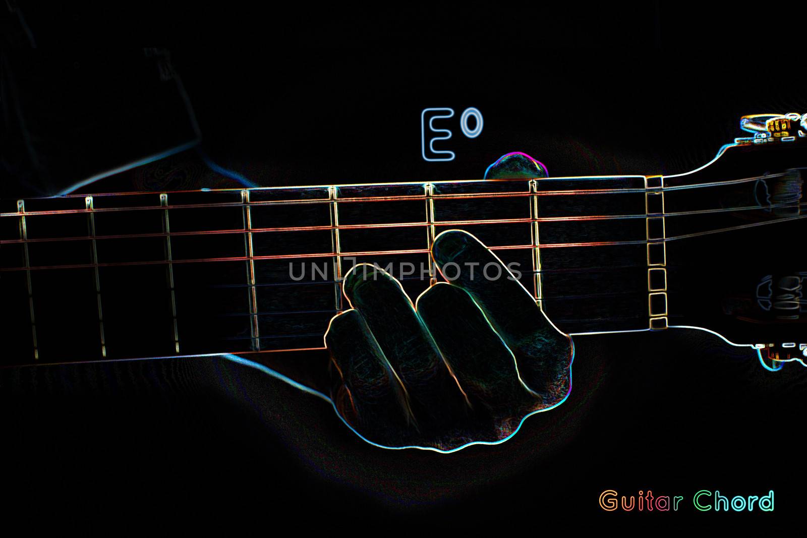 Guitar chord on a dark background, stylized illustration of an X-ray.