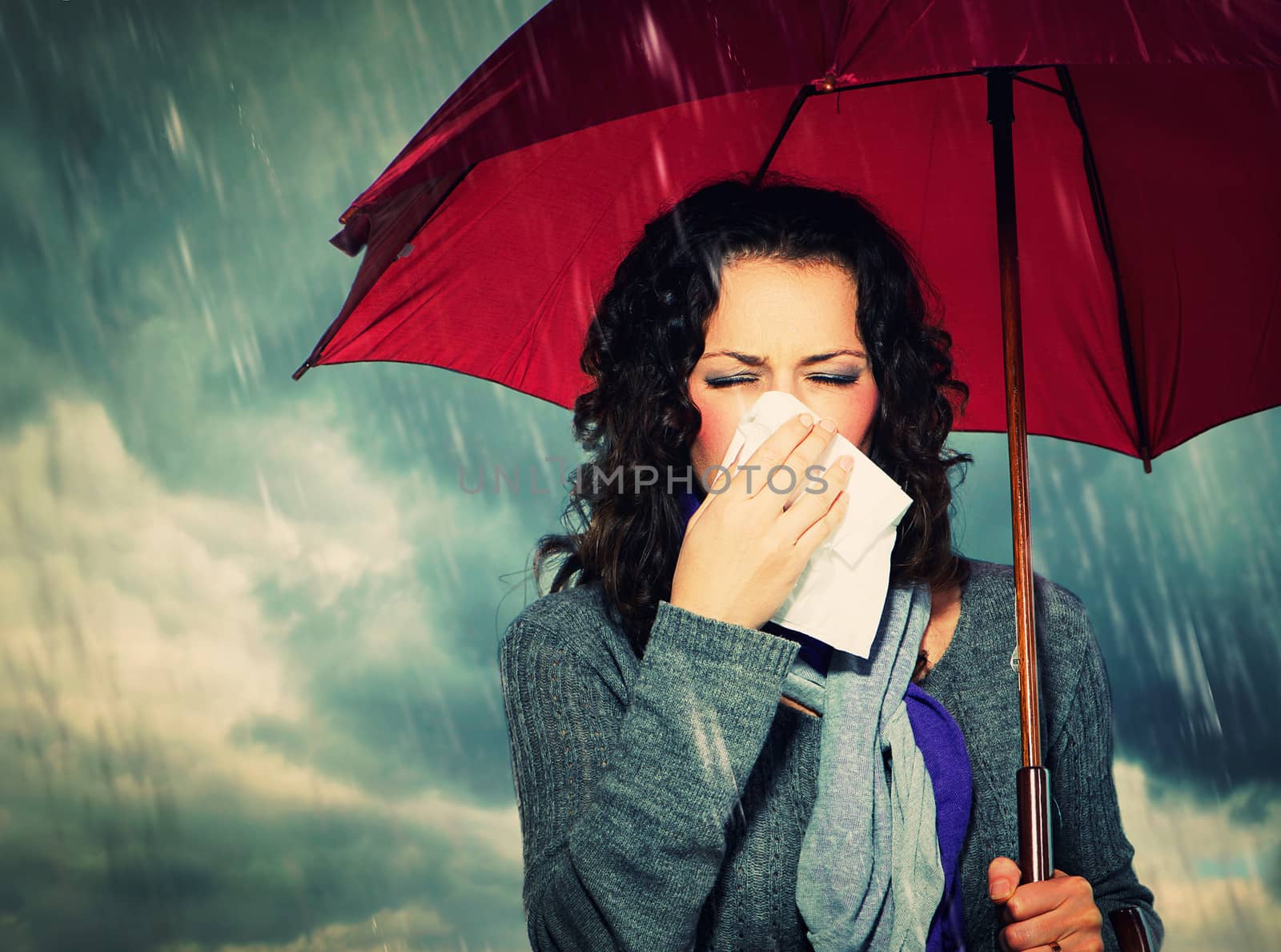 Sneezing Woman with Umbrella over Autumn Rain Background by SubbotinaA