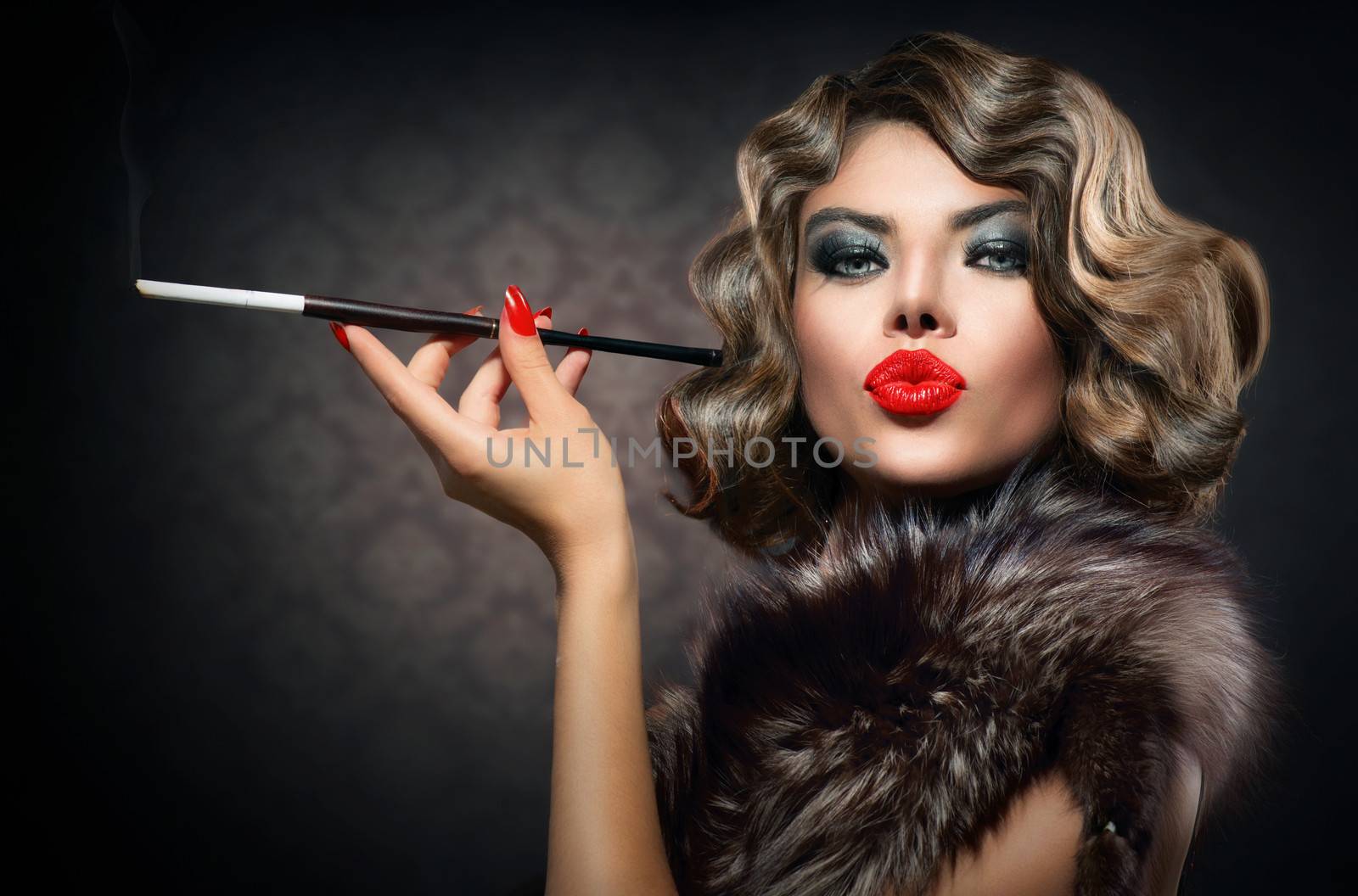 Beauty Retro Woman with Mouthpiece. Vintage Styled Beauty by SubbotinaA