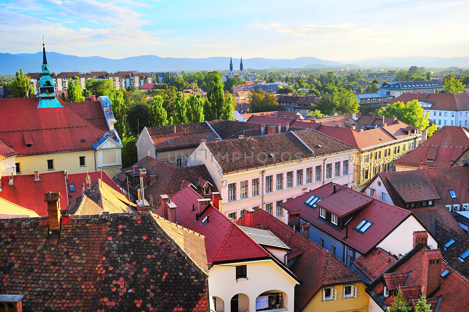 Top view of Ljubljana old town at sunset, Slovenia 