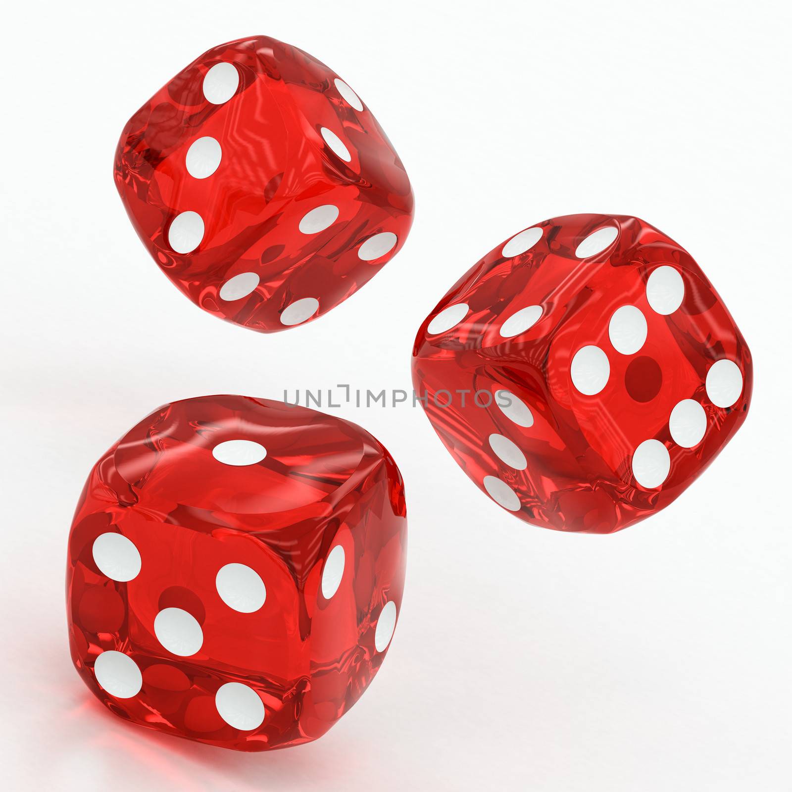 three red dices falling on a white background