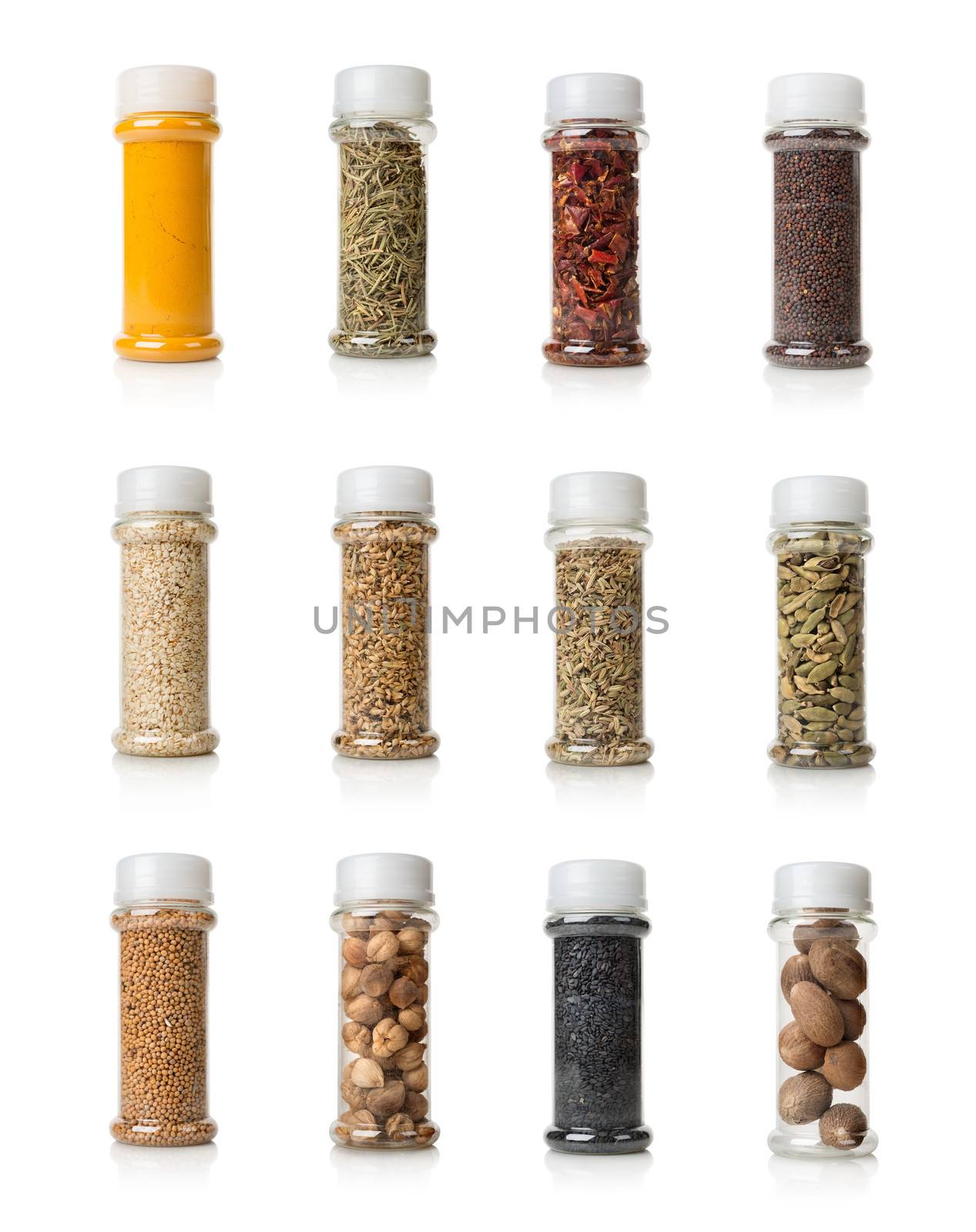 Collage of spices isolated on white background