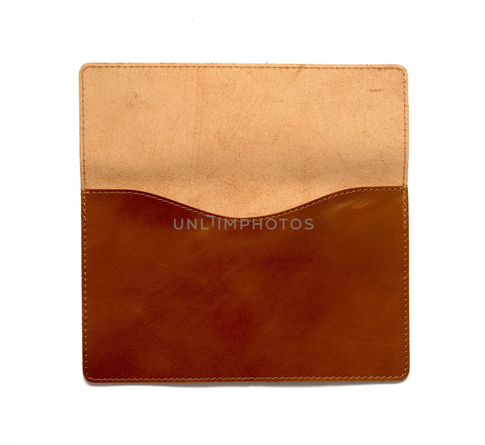 Brown leather clutch bag on a white background