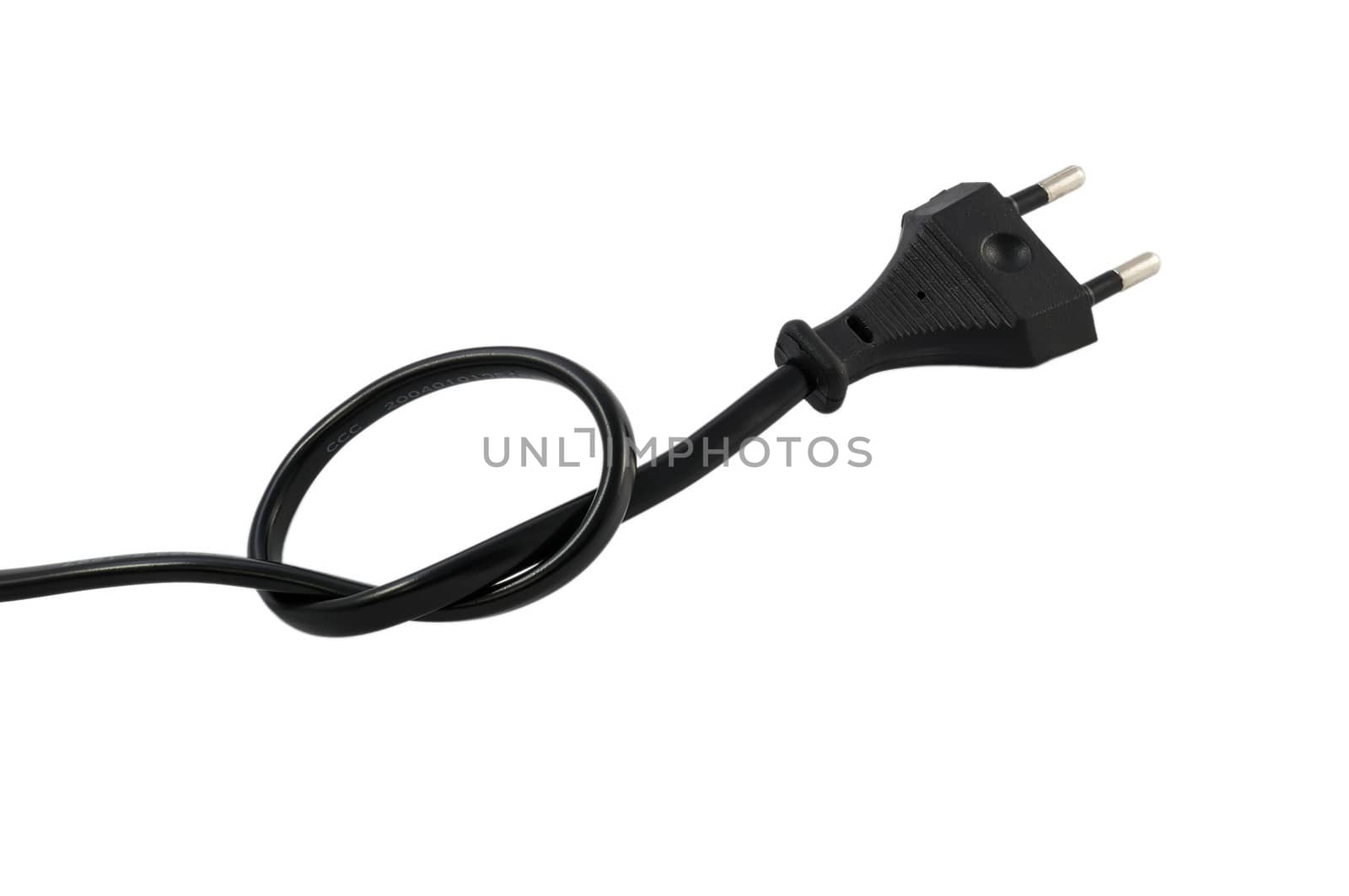 Black power cable with plug knotted on white background