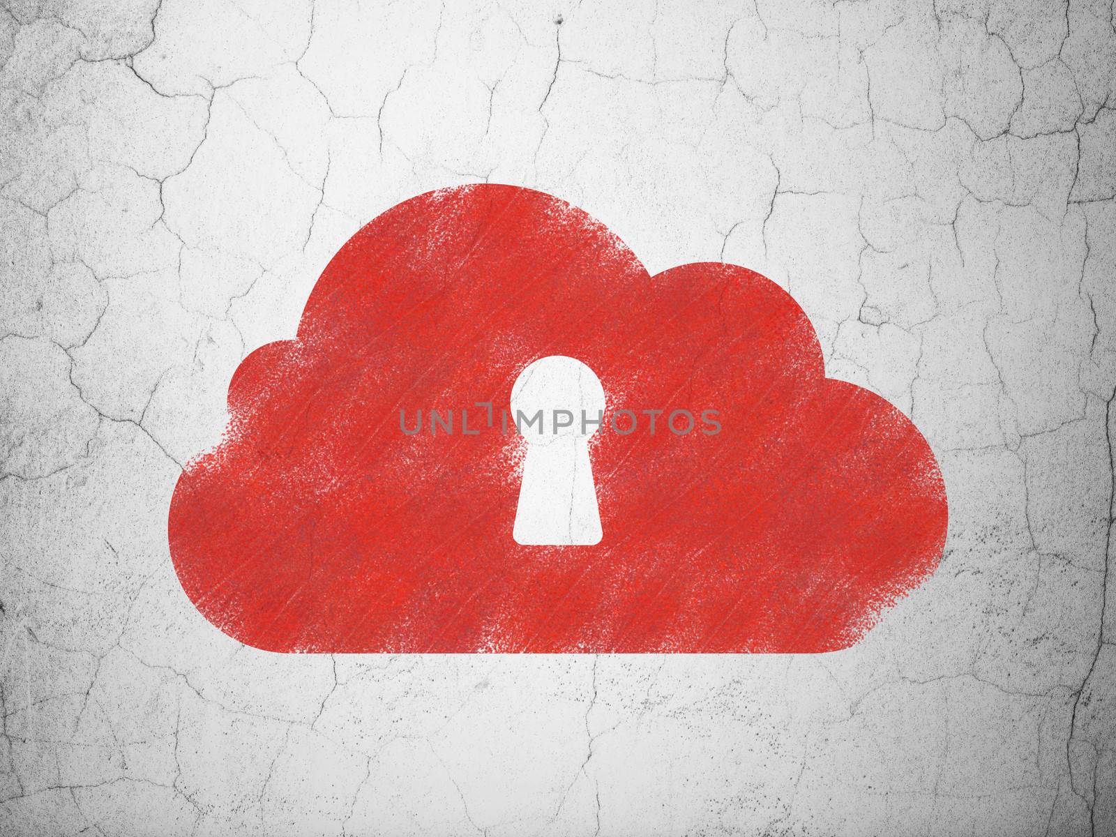 Cloud technology concept: Red Cloud With Keyhole on textured concrete wall background, 3d render