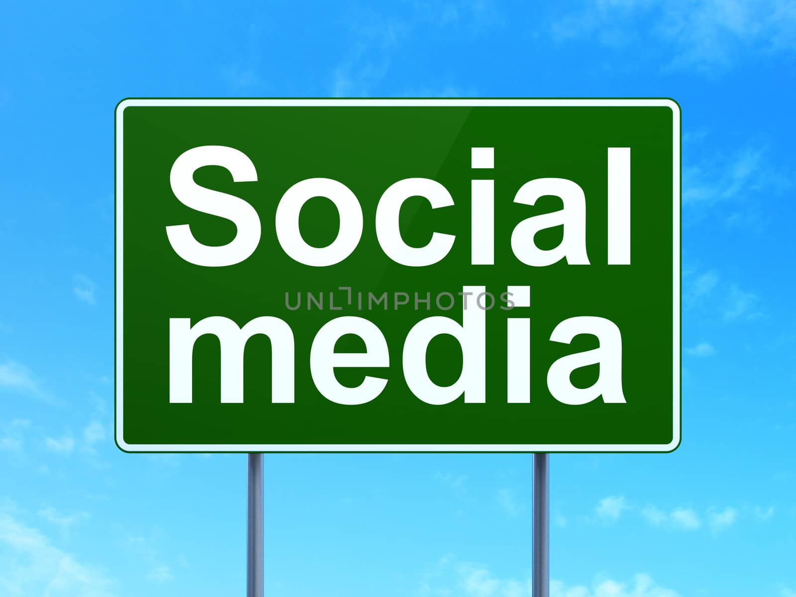 Social media concept: Social Media on green road (highway) sign, clear blue sky background, 3d render