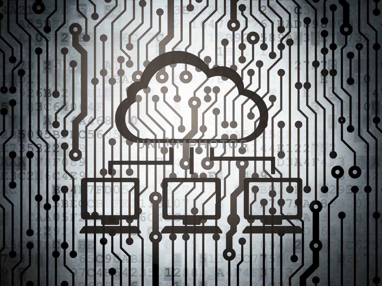Cloud networking concept: circuit board with  Cloud Network icon, 3d render