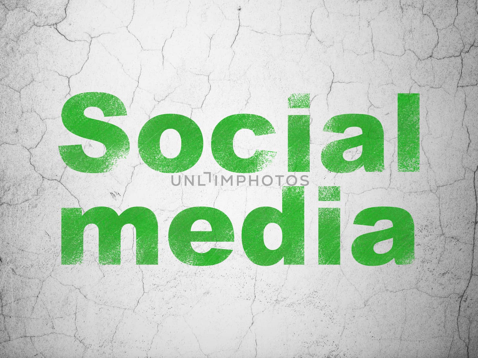 Social network concept: Green Social Media on textured concrete wall background, 3d render