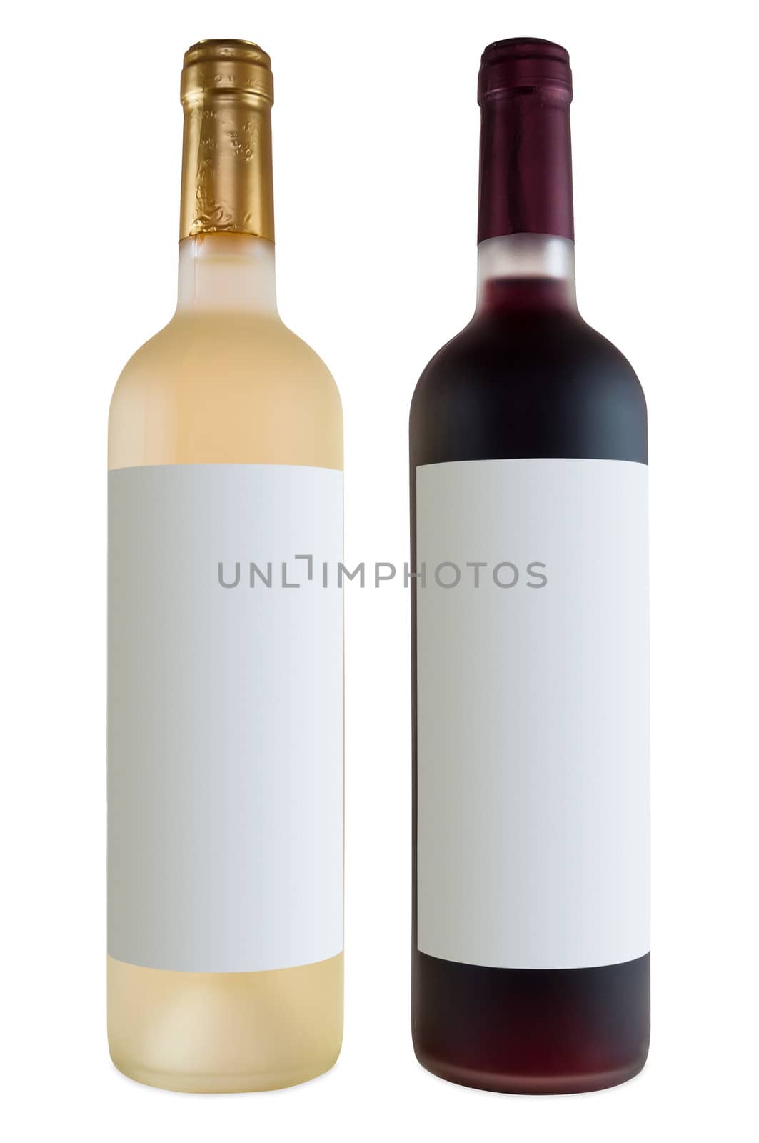 Two bottles of wine, red and white with blank label isolated on white background