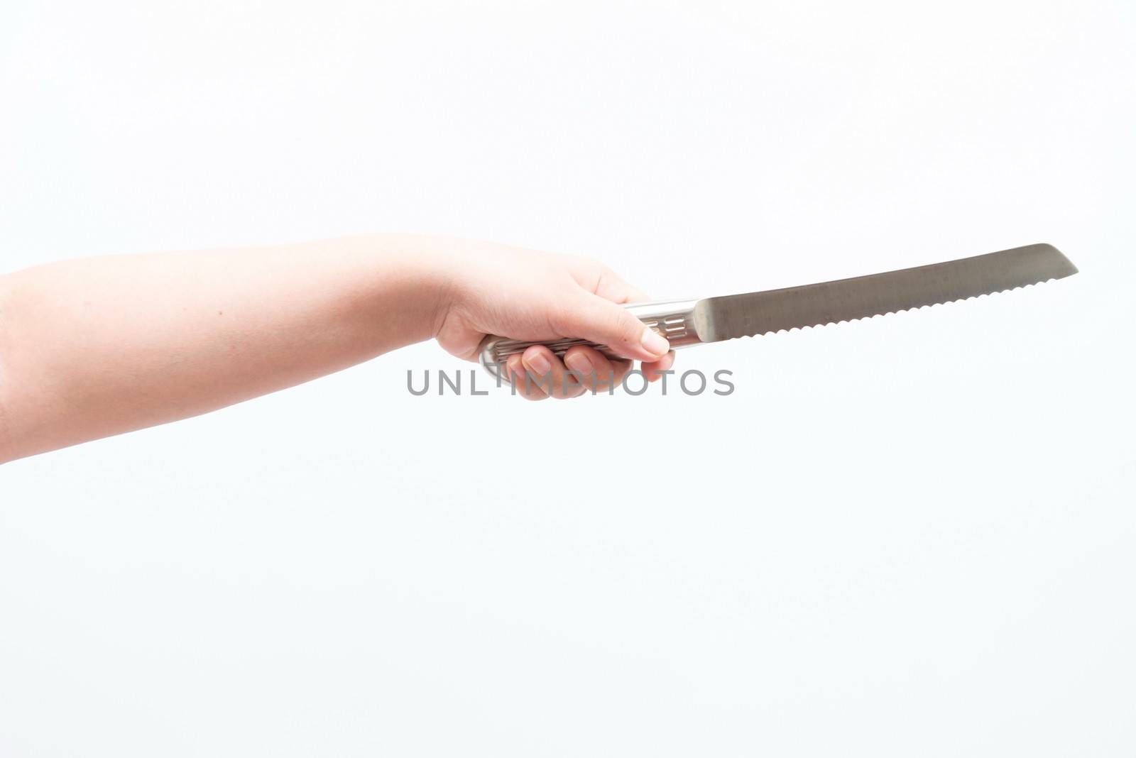 Asian woman holding large knife, isolated