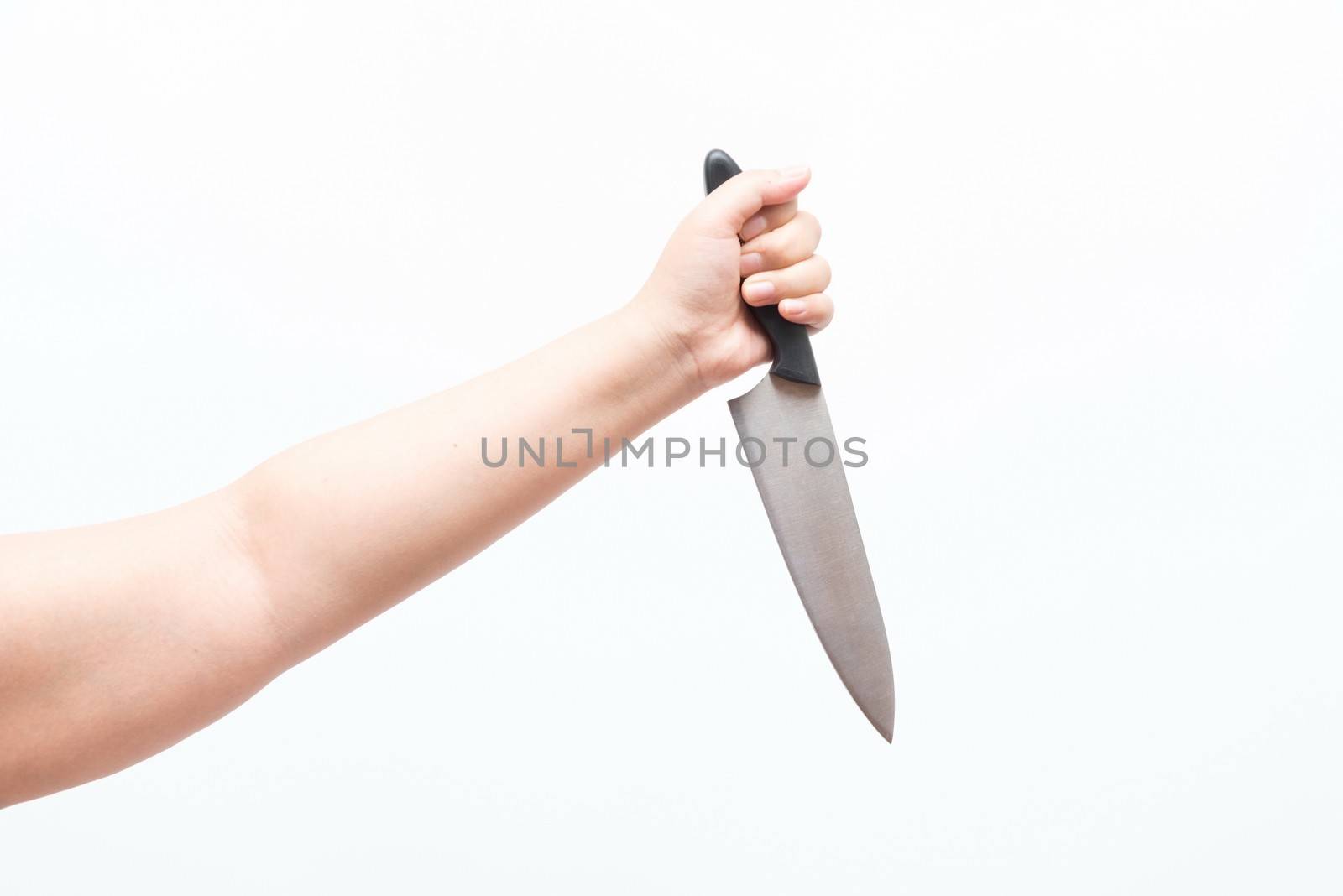 Asian woman holding large knife, isolated